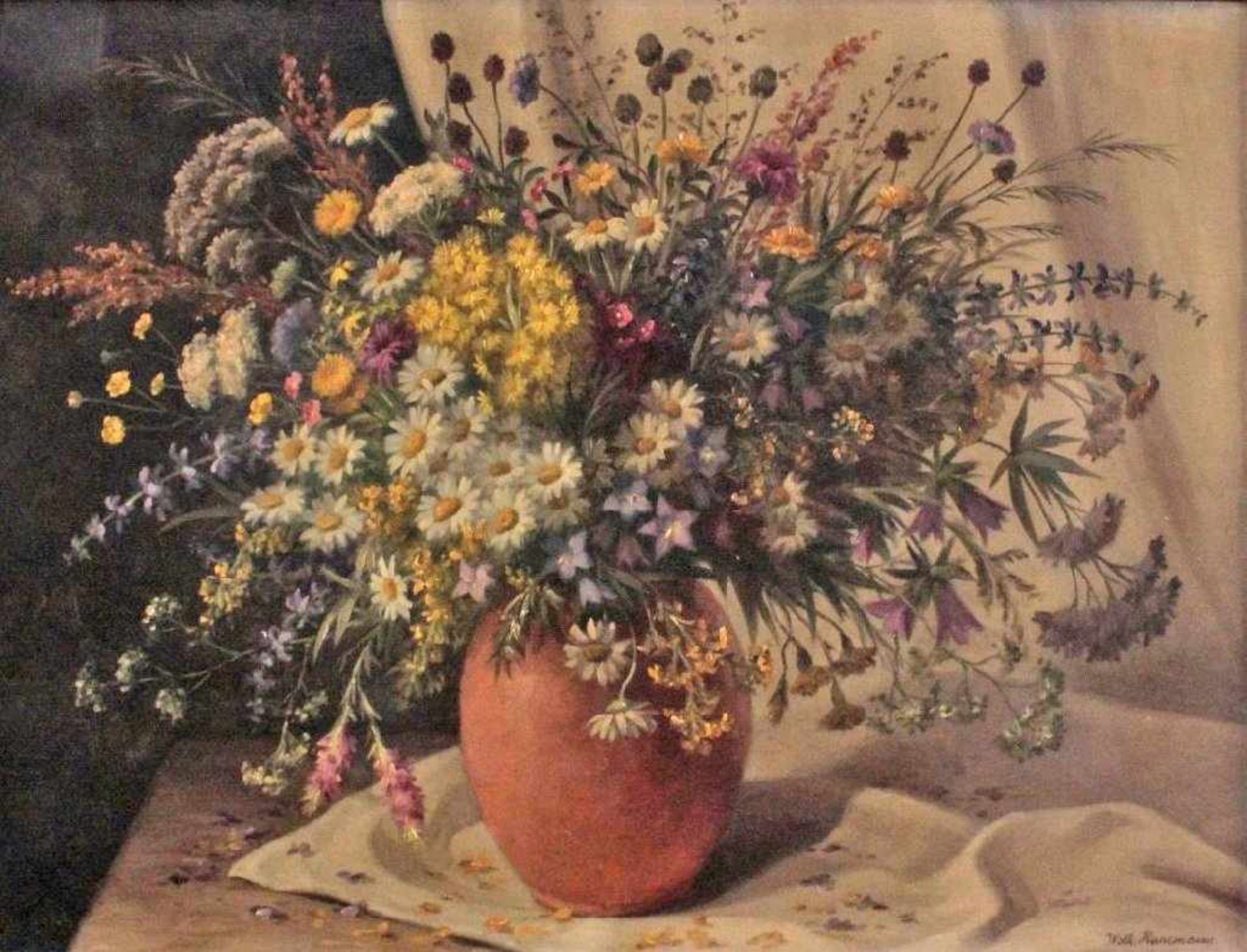 Wilhelm Hanemann (1880-1962)Öl auf Leinwand. Stillleben, "SommerlicherWiesenblumenstrauß in einer - Bild 2 aus 4