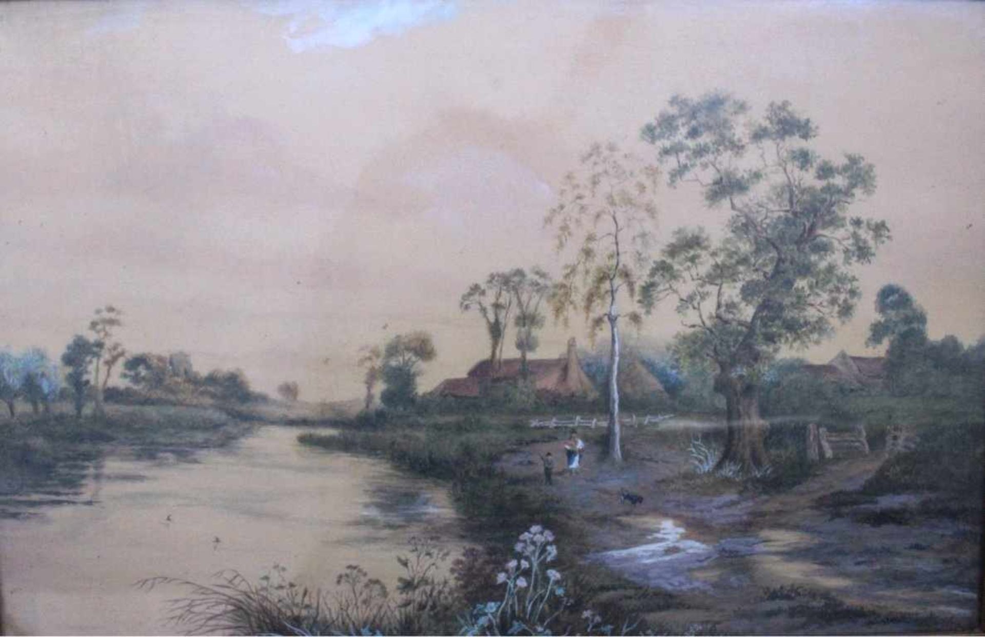 Aquarell 19. JahrhundertAquarell auf Pappe. Unbekannter Künstler, "Landschaft mitFiguren, Fluss - Bild 2 aus 4