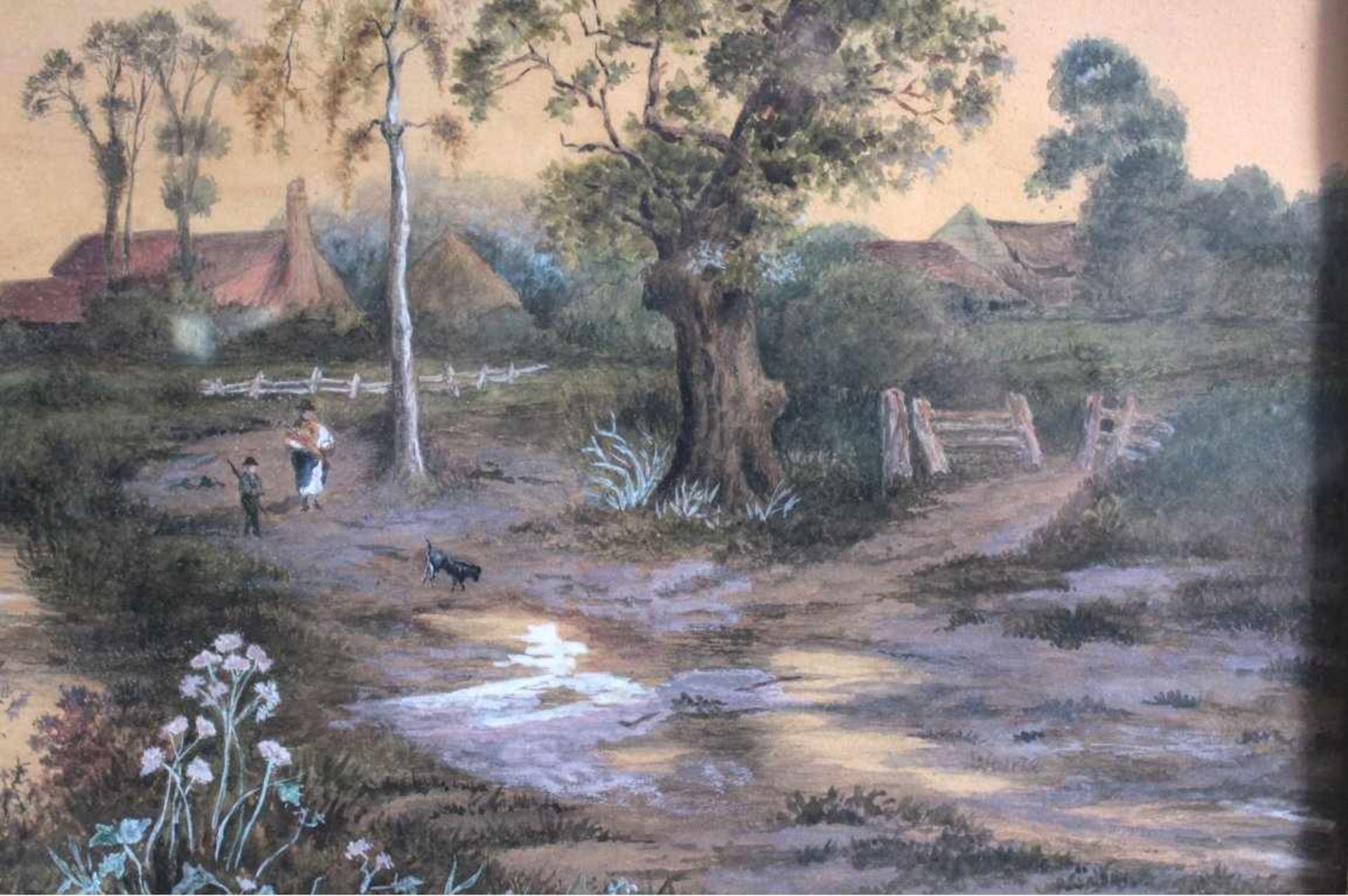 Aquarell 19. JahrhundertAquarell auf Pappe. Unbekannter Künstler, "Landschaft mitFiguren, Fluss - Bild 3 aus 4