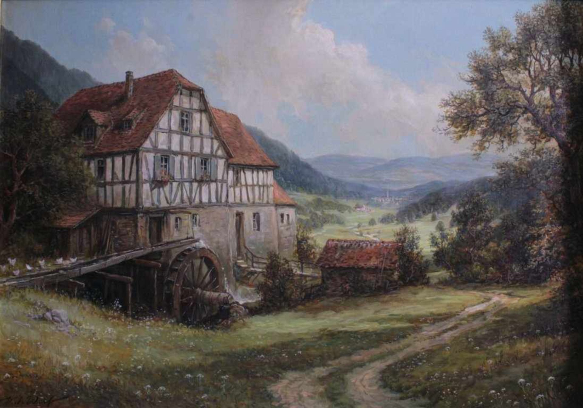 Heinz J. Wolf (1924)Öl/Leinwand, "Gehöft mit Hühner in sommerlicherLandschaft", signiert unten - Bild 2 aus 3