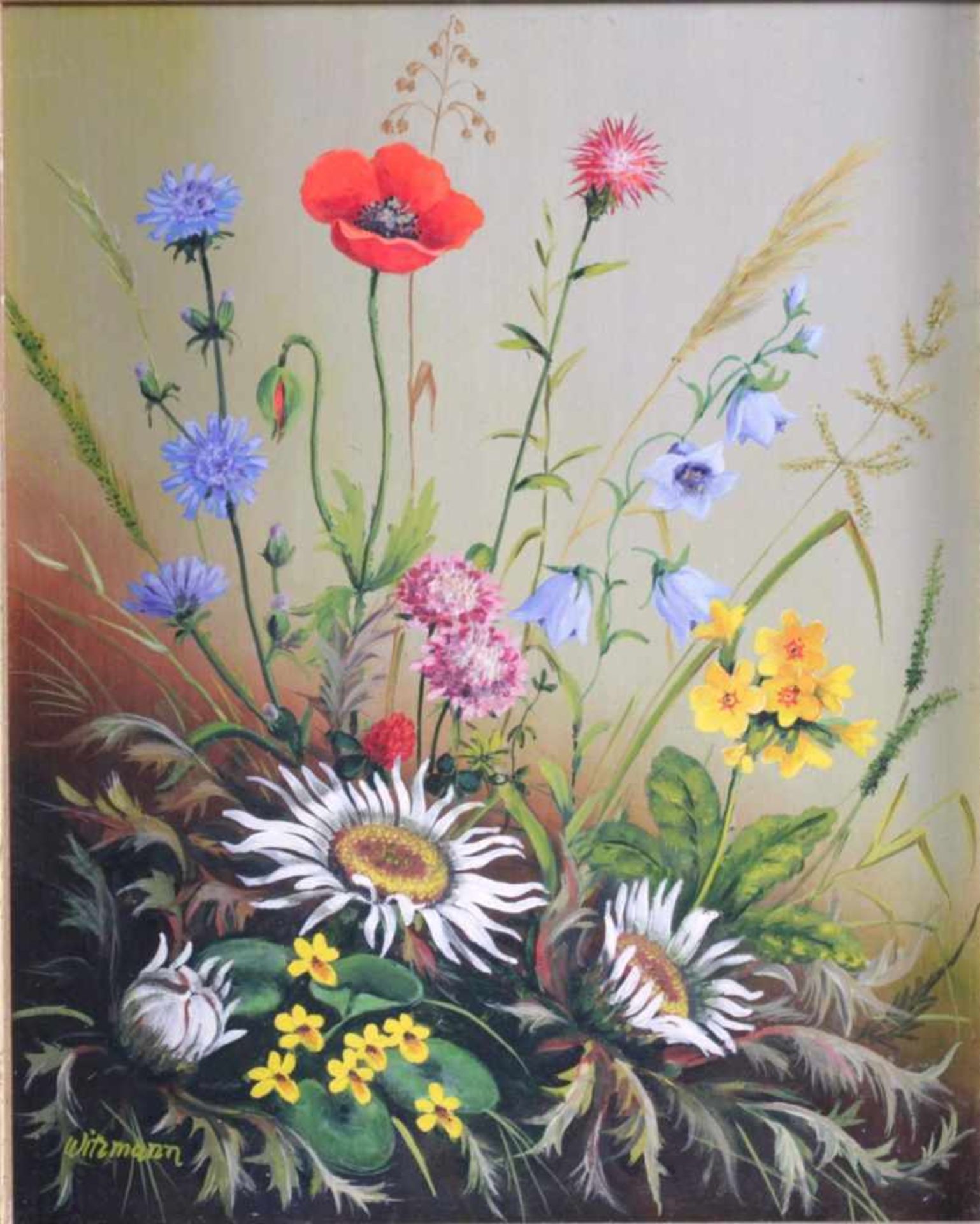 Eva Witzmann (1924), Mohn und SilberdiestelÖl auf Holz, unten links signiert, verso benannt - Bild 2 aus 2