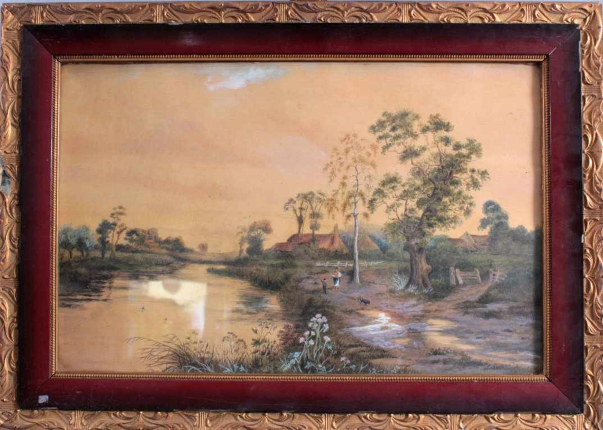 Aquarell 19. JahrhundertAquarell auf Pappe. Unbekannter Künstler, "Landschaft mitFiguren, Fluss