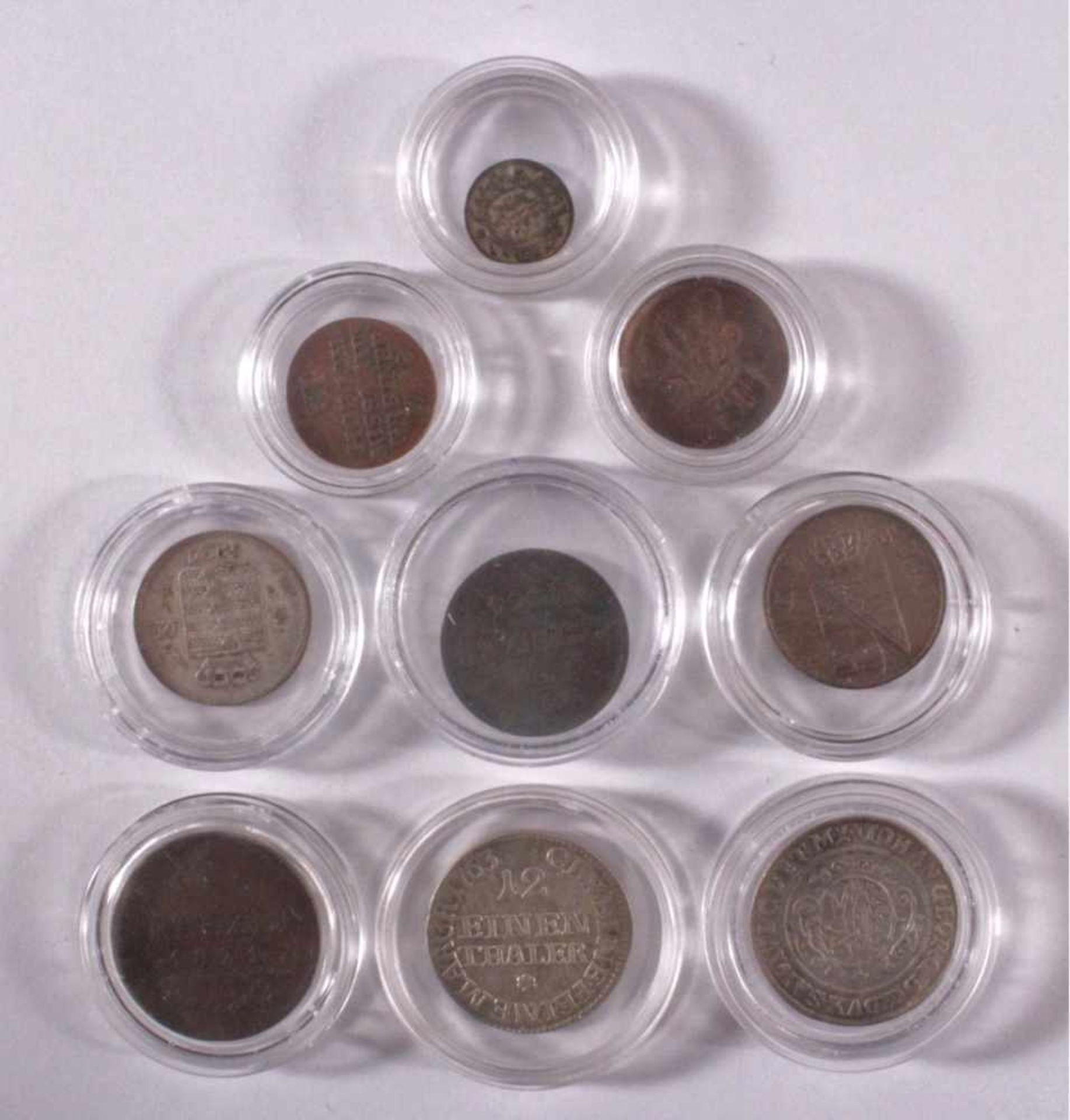 9 Altdeutsche Münzen1x Sachsen-Meiningen, 6 Kreuzer 1827, ss.1x 1 Pfennig, 1761, rückseitig mit