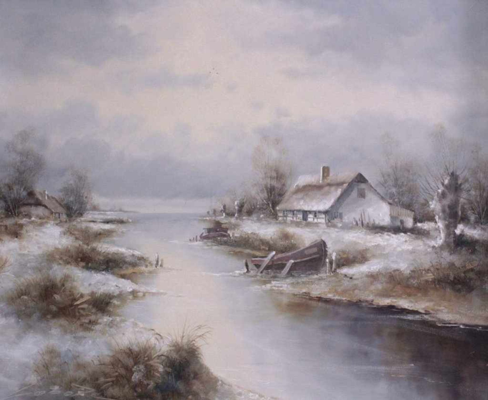 Lobotha ?-?, Winterlandschaft mit Haus und FlußÖl auf Leinwand gemalt, unten links signiert, - Bild 2 aus 5