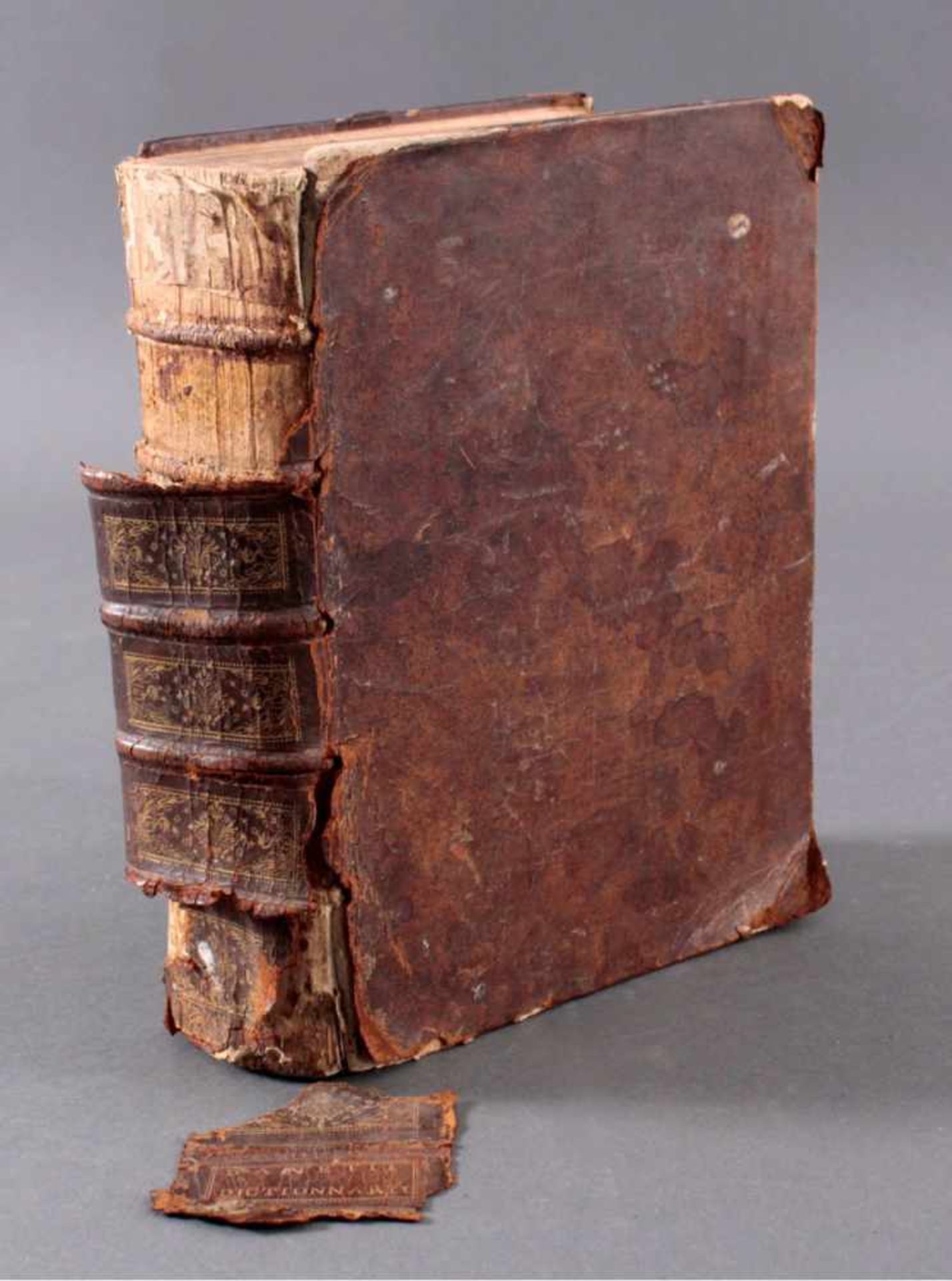 Magnum dictionarium Latinum et GallicumDatiert 1726, beschädigtes Rückenschild, Stück mit Schrift: