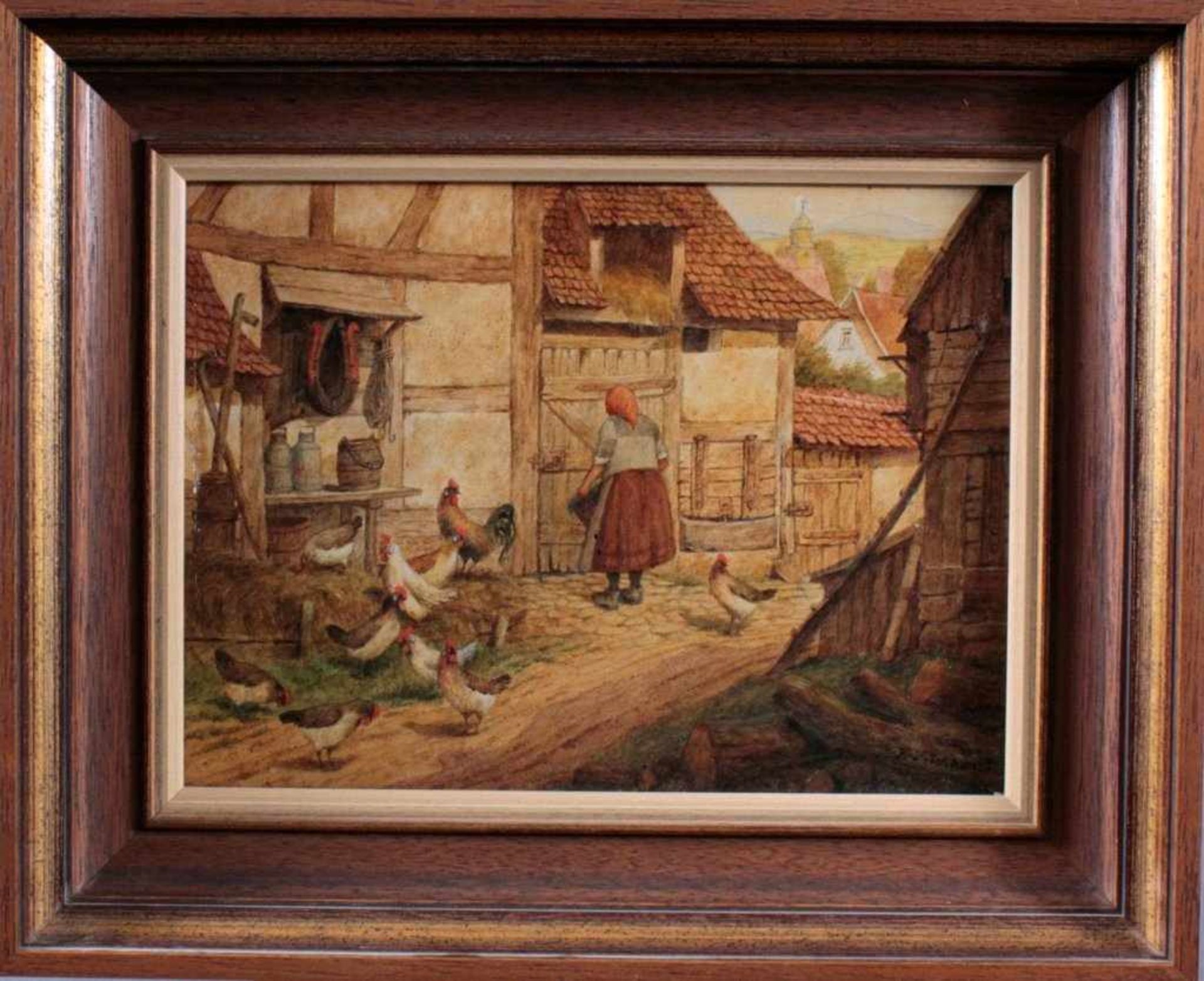 Karl Luckhardt (1886-1970). Genre- und TiermalerÖl/Platte, "Gehöf mit Bäuerin und Hühnern", signiert