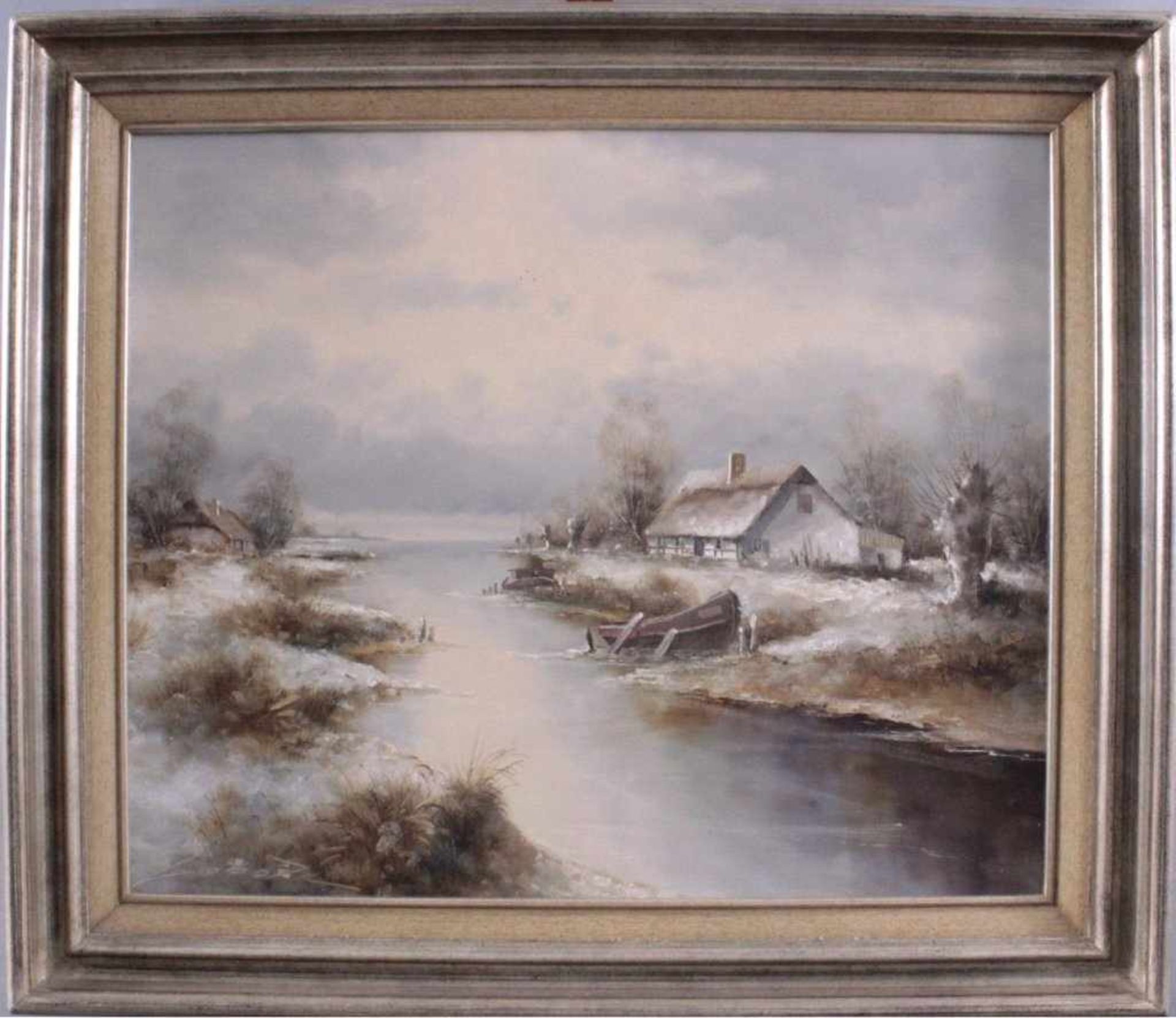 Lobotha ?-?, Winterlandschaft mit Haus und FlußÖl auf Leinwand gemalt, unten links signiert,