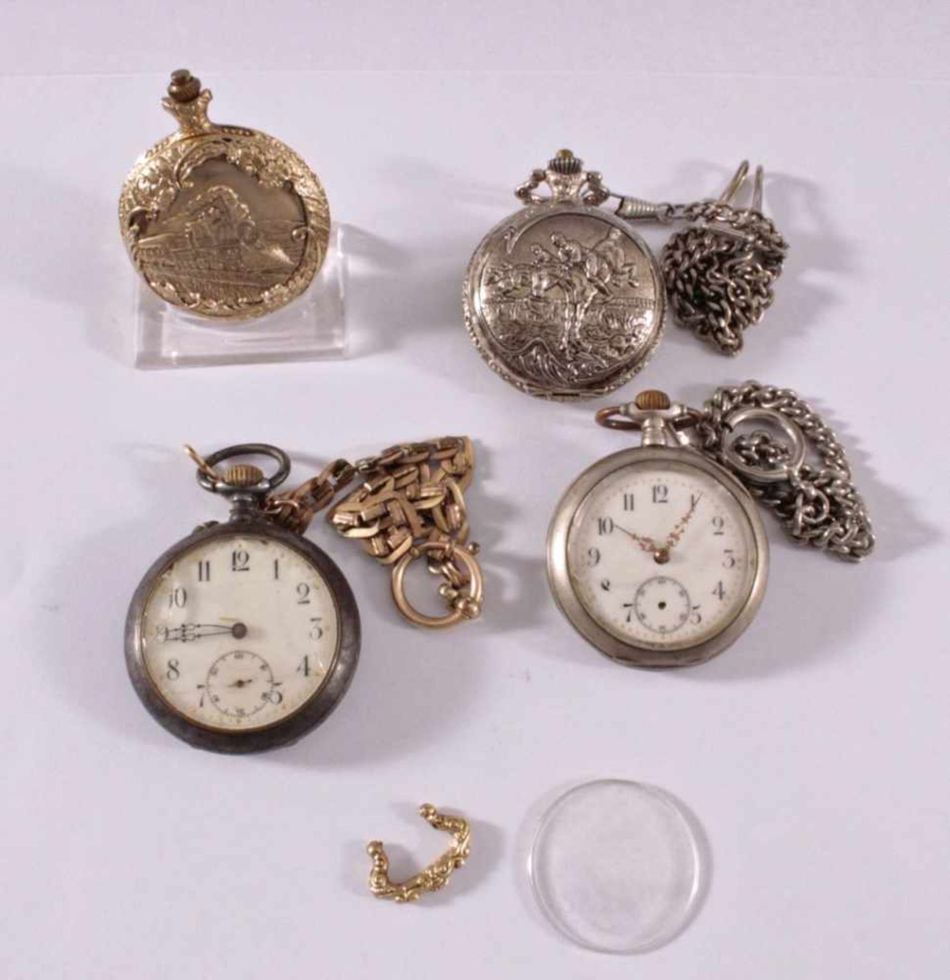 Kleine Taschenuhrensammlung1 silberne Taschenuhr mit Uhrenkette, beschädigtesZiffernblatt, kleiner - Image 2 of 5