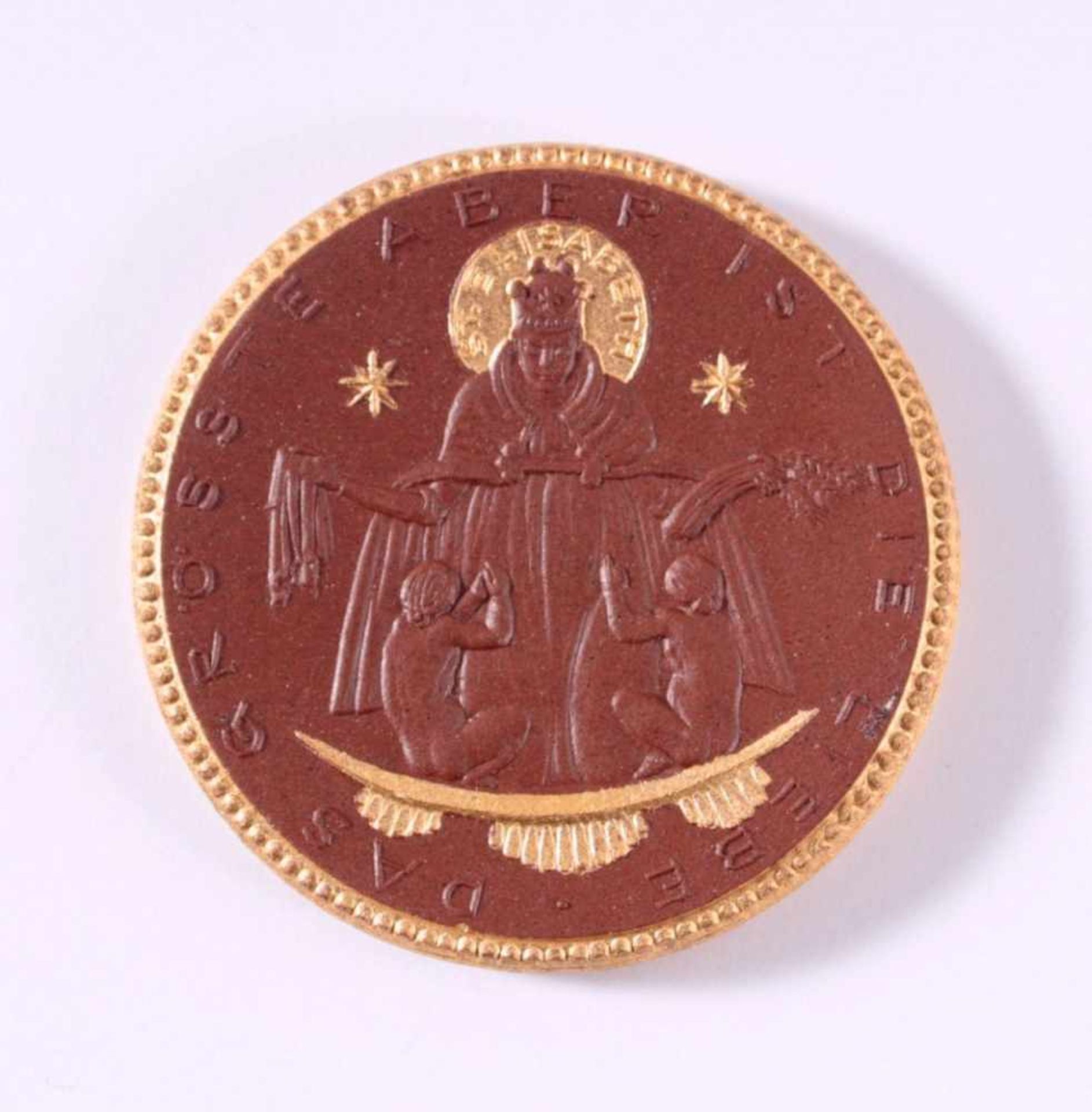 Böttger Steinzeug Medaille Caritas Verband 1924teilvergoldet, ca. D- 5,1 cm
