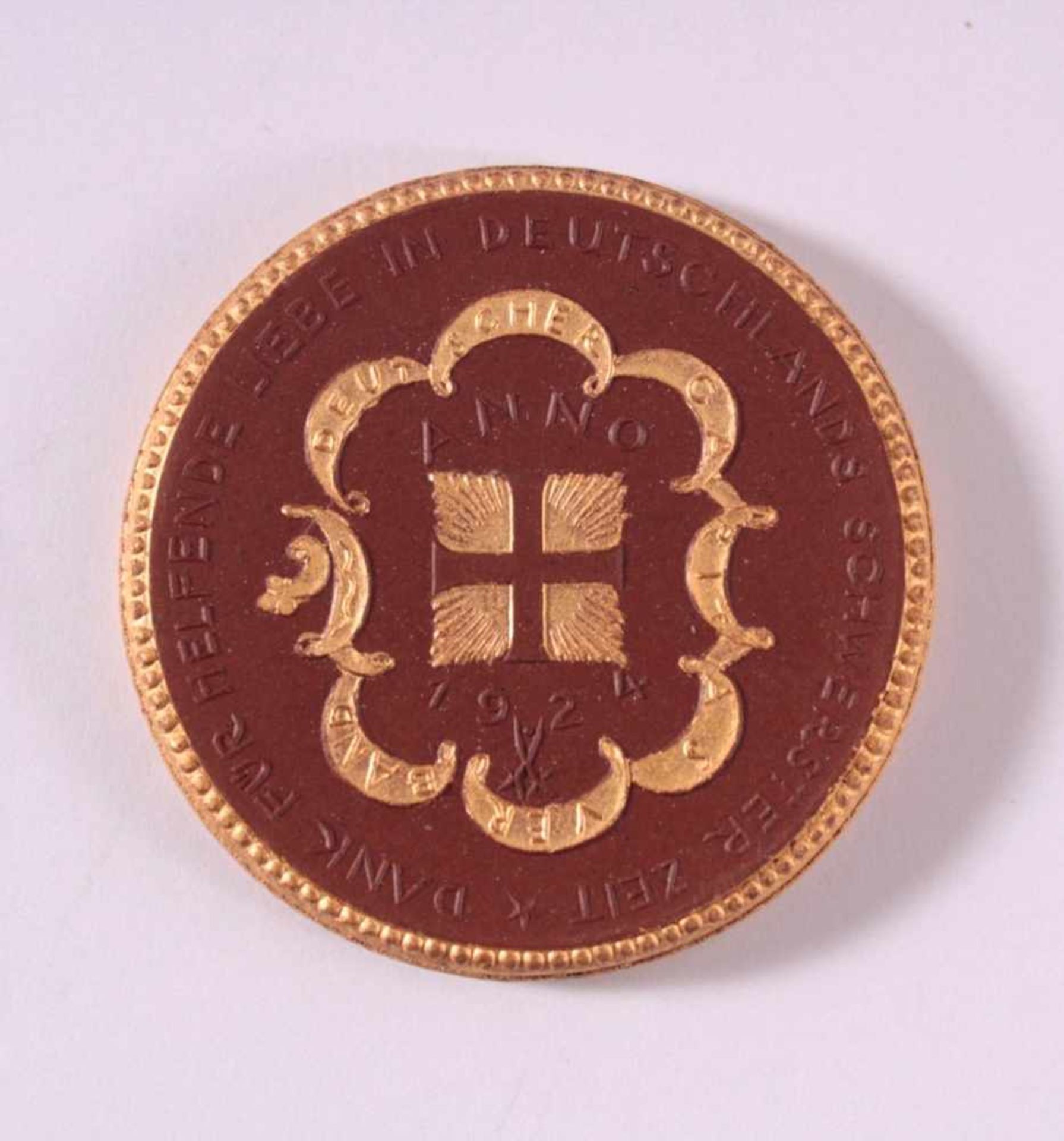 Böttger Steinzeug Medaille Caritas Verband 1924teilvergoldet, ca. D- 5,1 cm - Image 2 of 2