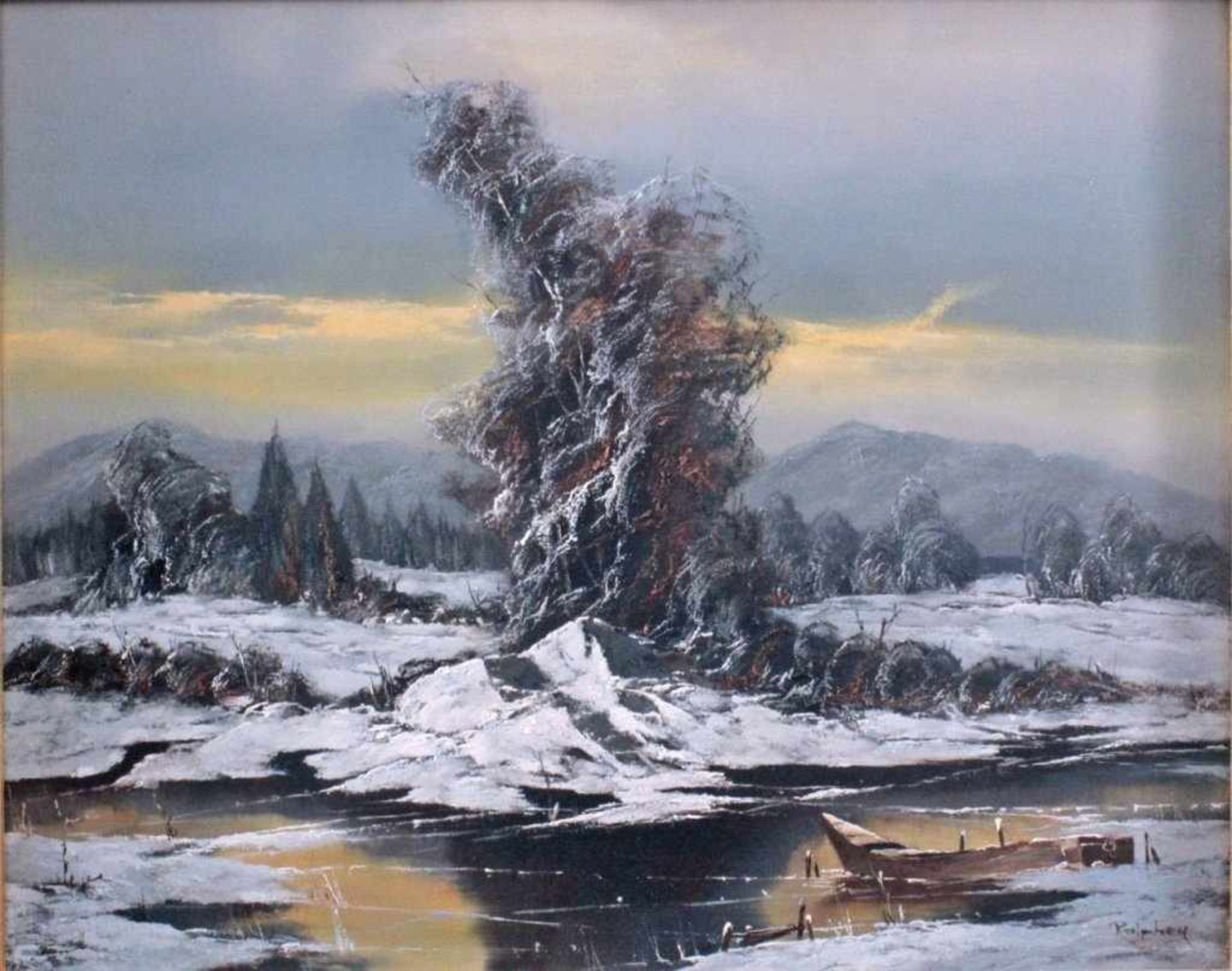 Ralphen ?-?, Winterlandschaft mit FlußÖl auf Leinwand, unten rechts signiert, mit Zertifikat, - Bild 2 aus 6