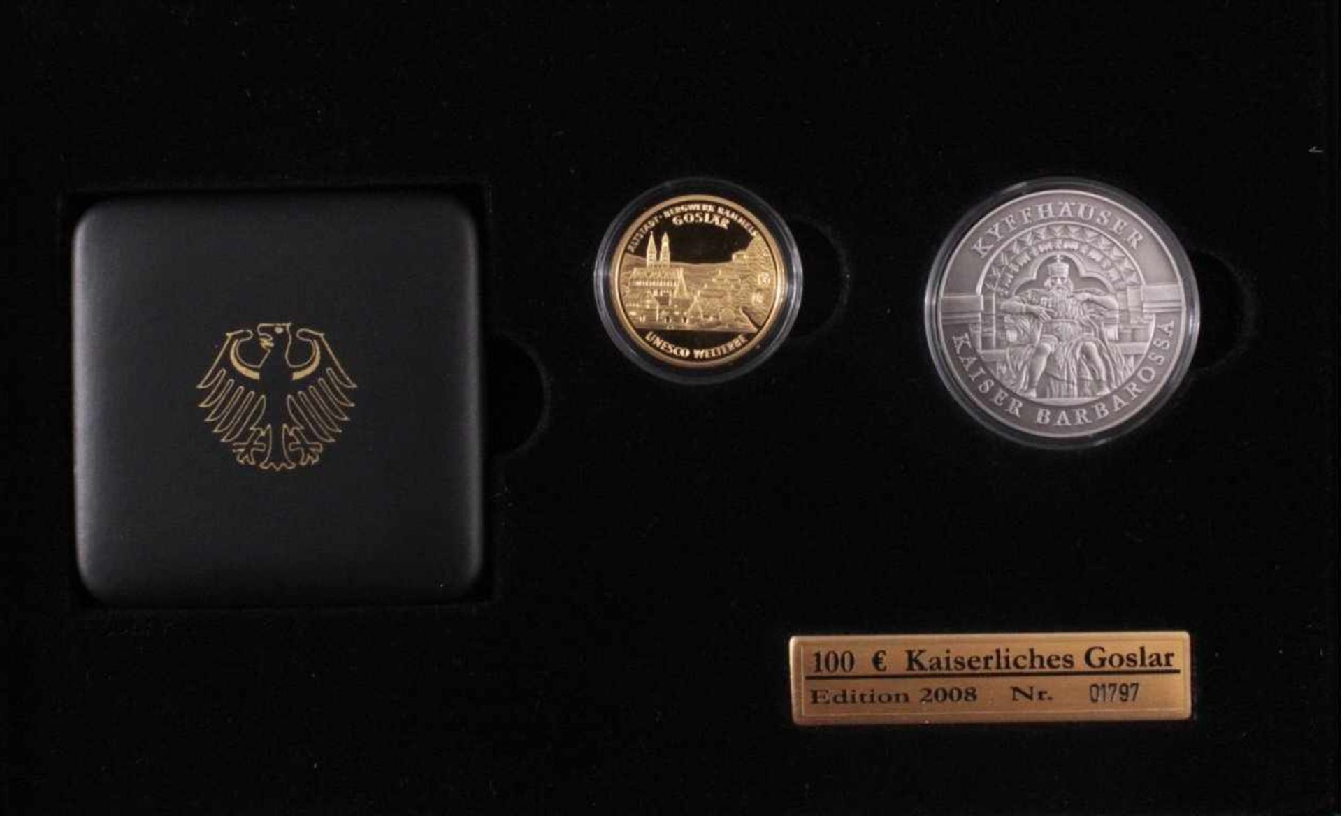 100 Euro Goldmünze Goslar 2008in Schatulle, nummerierte Variante mit Gedenkmedailleund Etui.