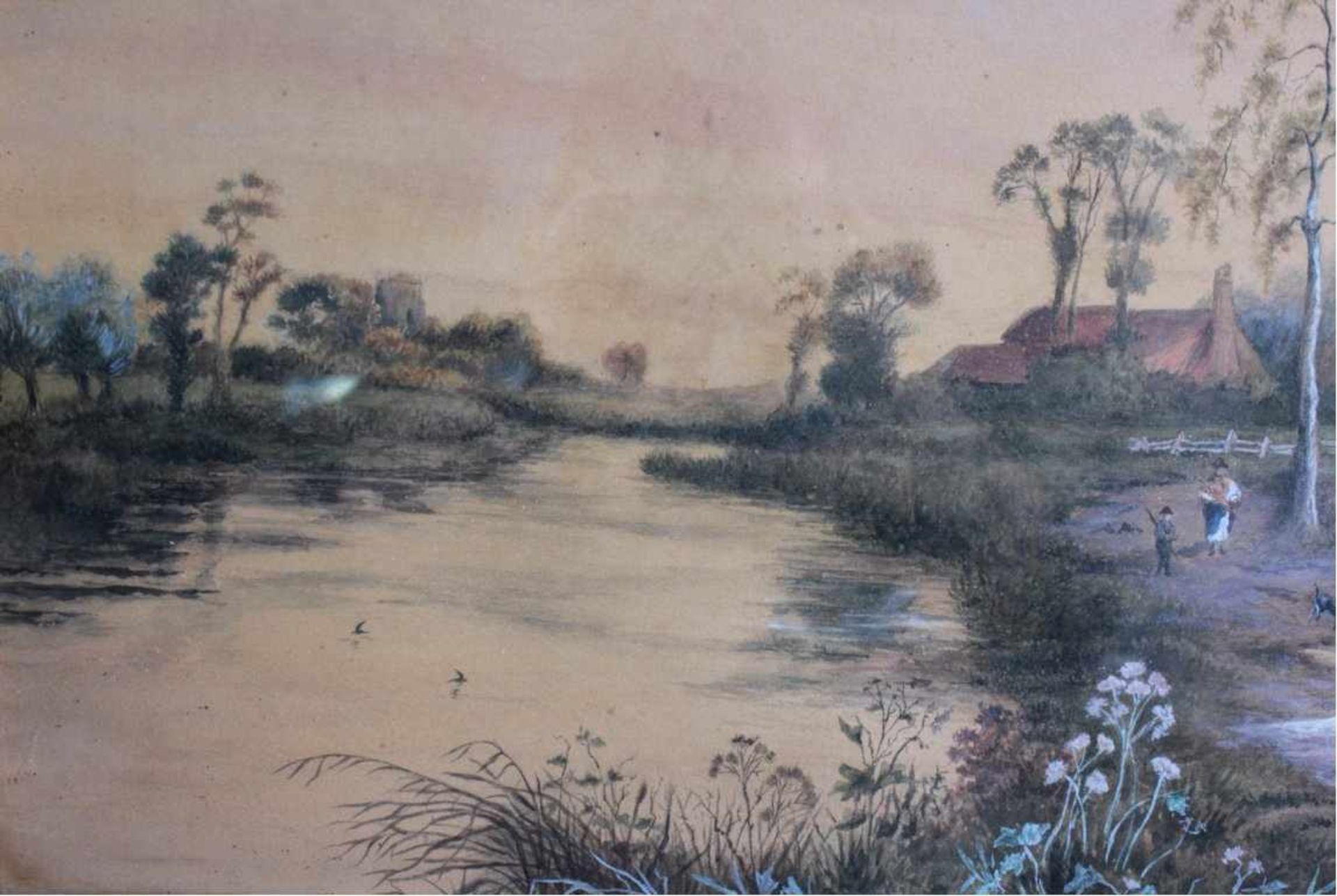 Aquarell 19. JahrhundertAquarell auf Pappe. Unbekannter Künstler, "Landschaft mitFiguren, Fluss - Bild 4 aus 4