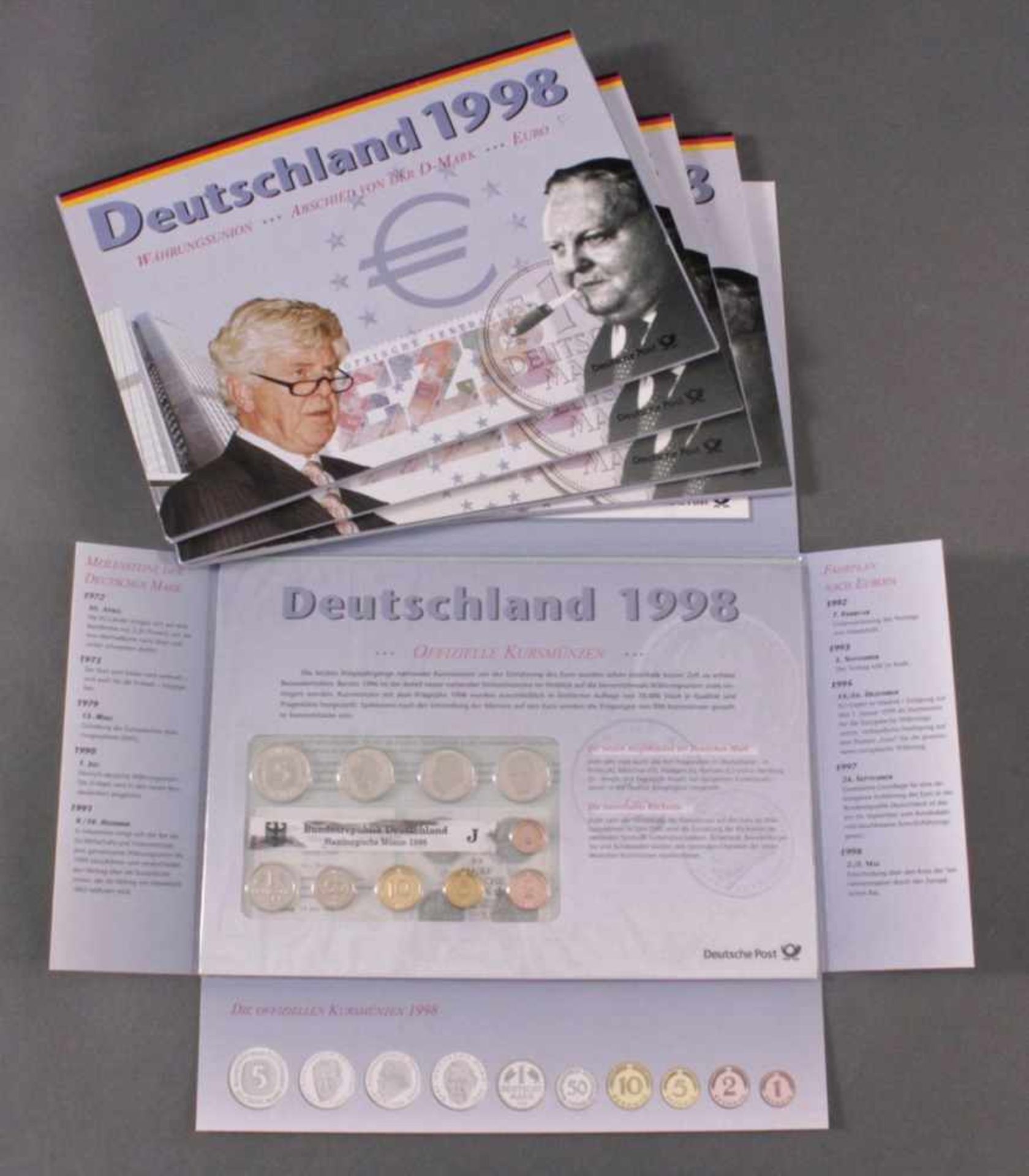 KMS BRD 1998, alle Prägestätten5 Folder der "Deutschen Post", Währungsunion...Abschied vonder D-