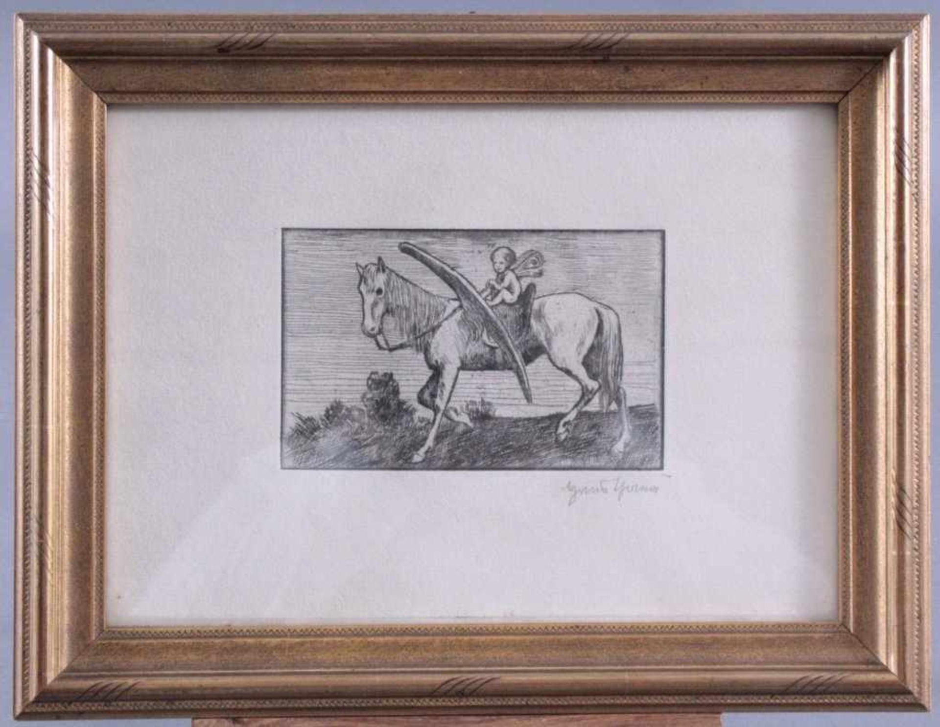 Hans Thoma (Bernau 1839 - 1924 Karlsruhe)Radierung, "Geflügeltes Pferd mit kleinem Genius", um