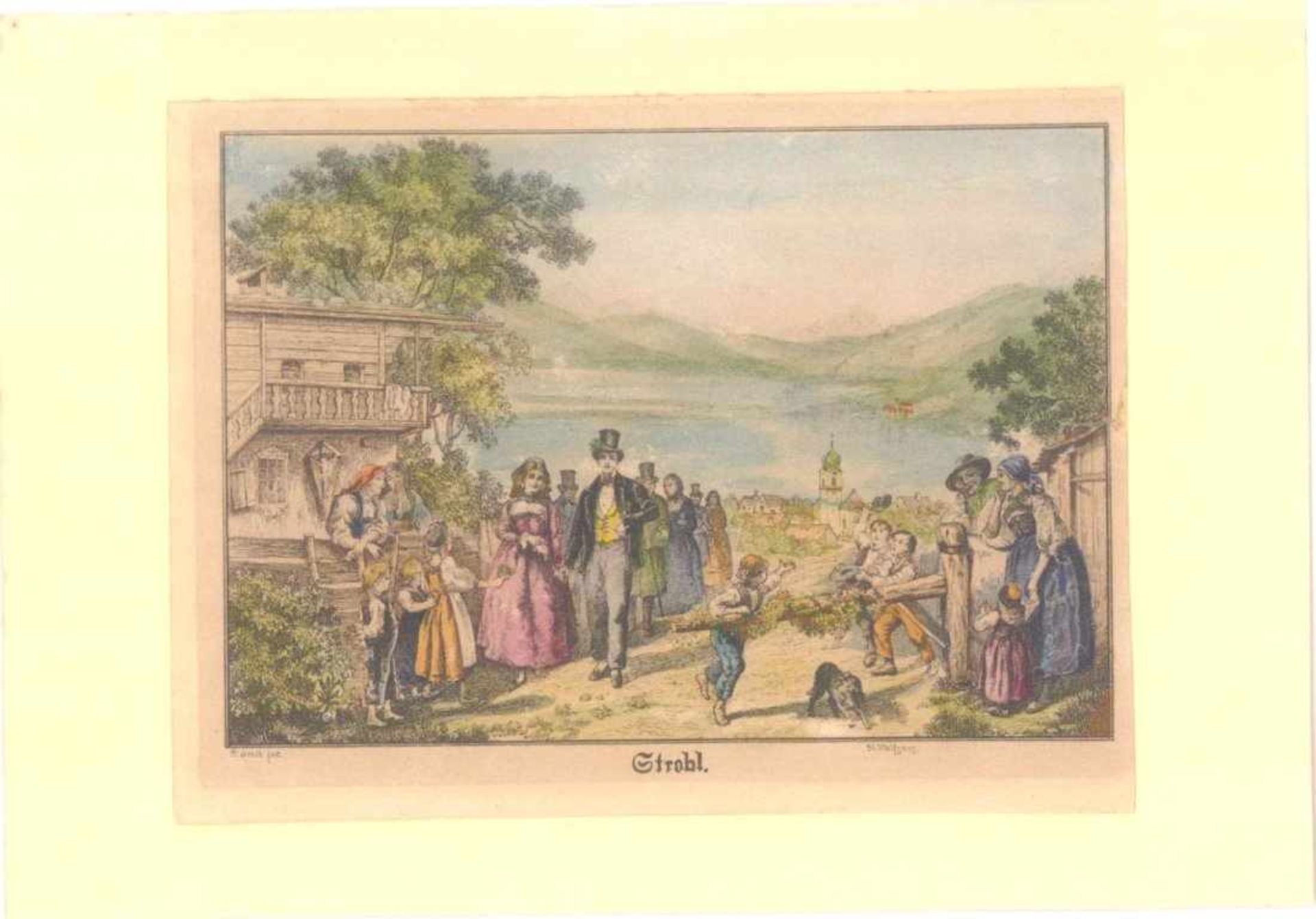 Kolorierte Umrissradierung von Brand um 1830Strobl am Wolfgangssee. Blick von einer Anhöhe auf Ort