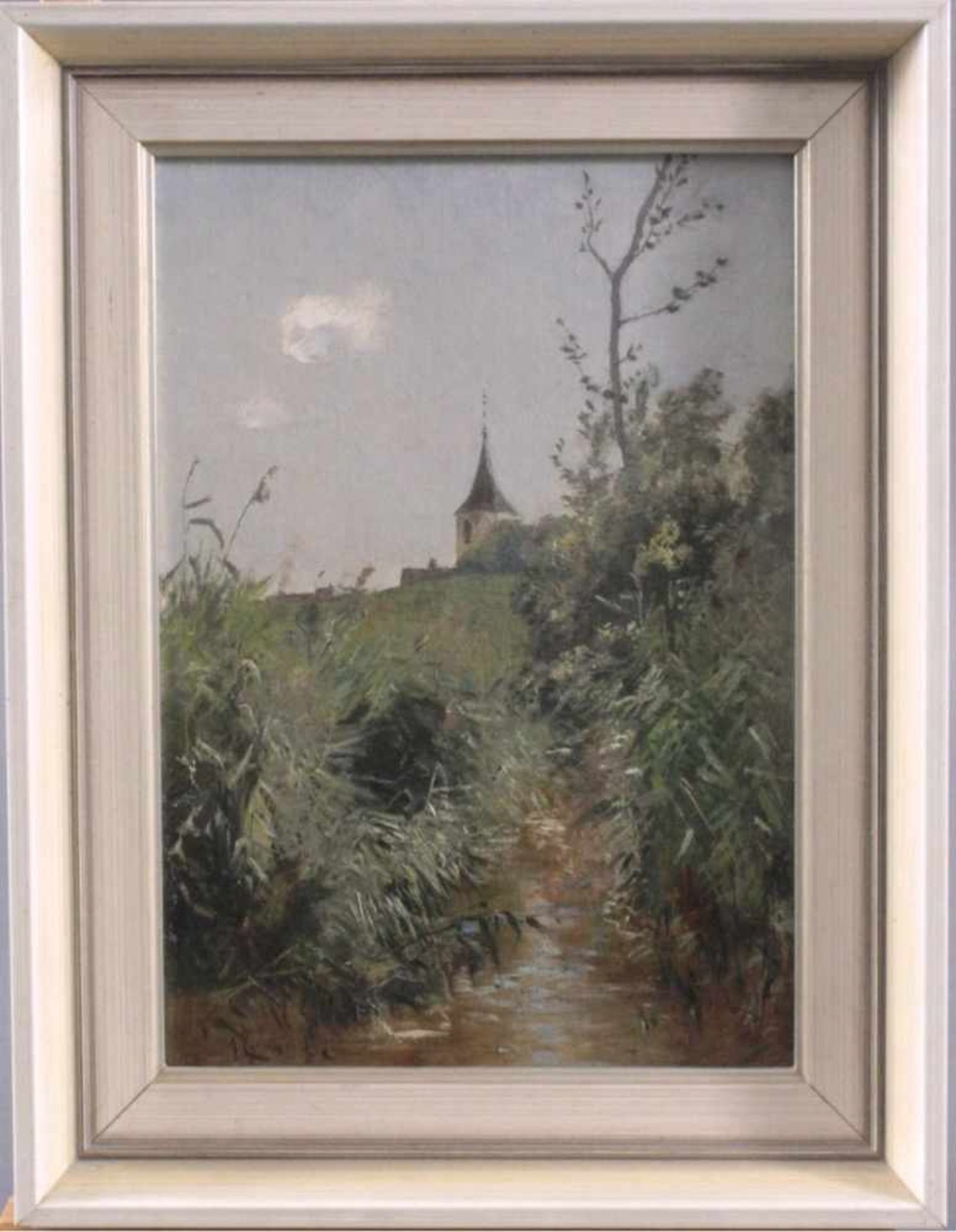 Andreas Egersdörfer (1866-1932)Öl/Pappe, "Blick auf den Hügel mit Kirch-Turm", links