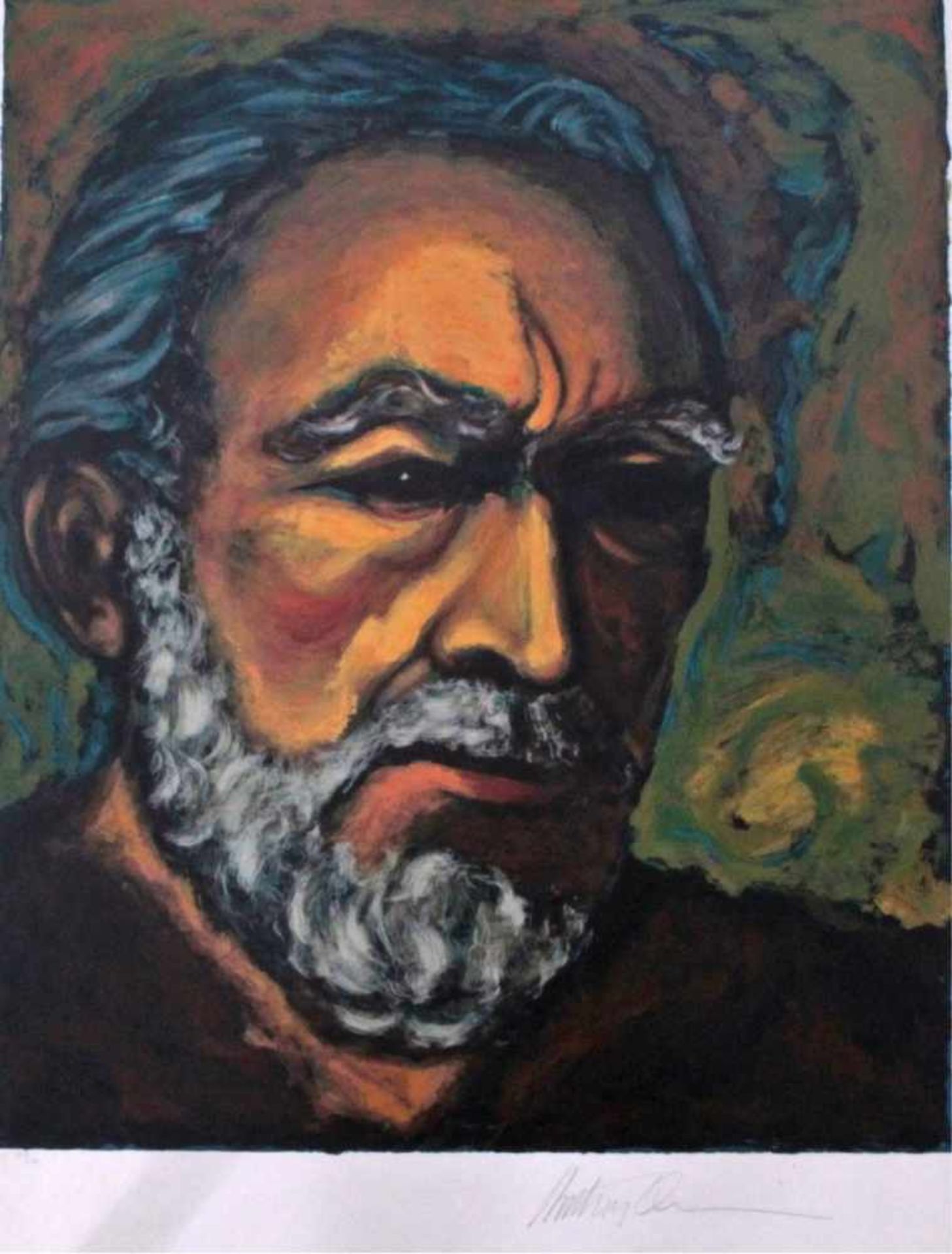 Anthony Quinn (1915 Chihuahua - 2001 Boston)Farberigraphie. (Zorba), Selbstbildnis. Handsigniert - Bild 2 aus 2