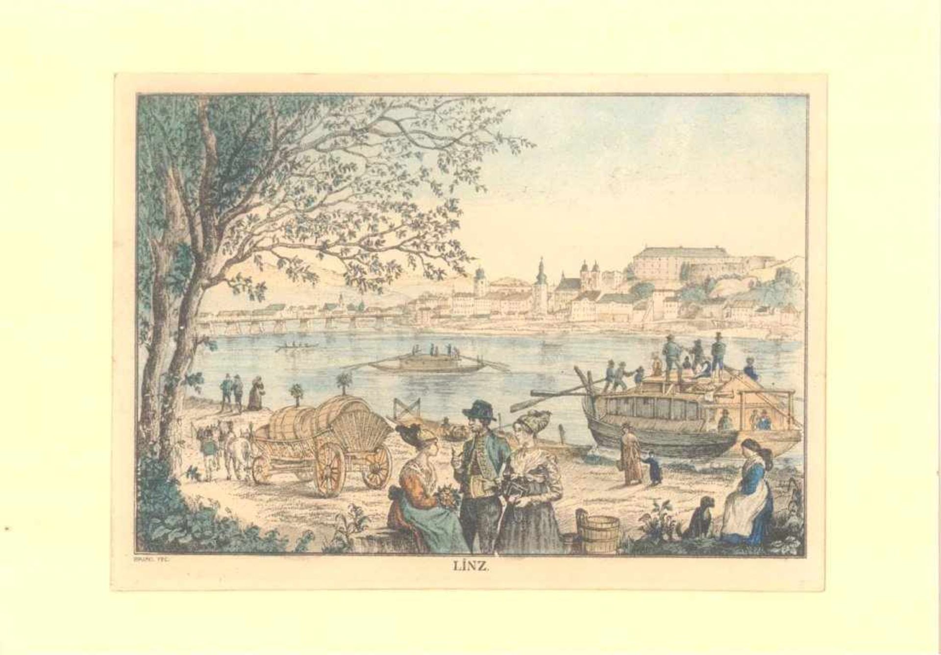 Kolorierte Umrissradierung von Brand um 1830Linz- Blick über die Mur auf die Stadt. Im