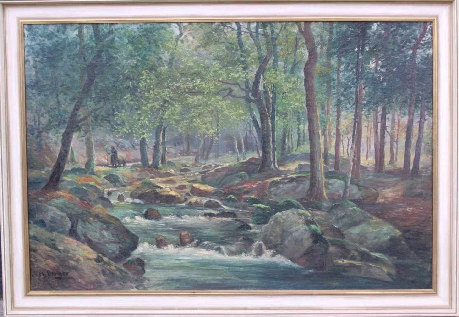 Hans Berger (1882-1977)Öl auf Leinwand auf Holz, "Waldlandschaft mit Fluss undfigürliche