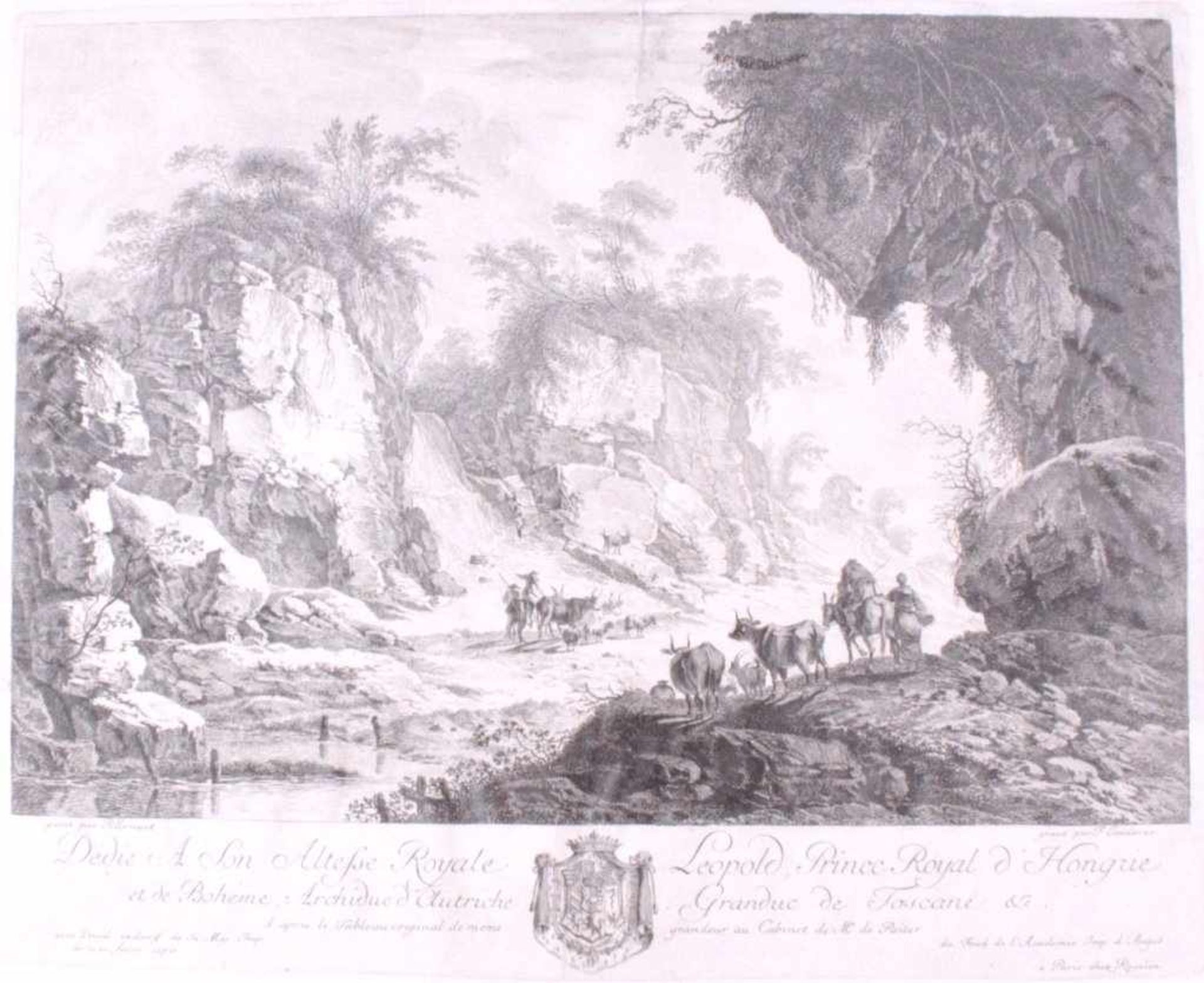 Ferdinand Landerer (Stein unter der Ems 1730-1796 Wien)."Felsige Landschaft mit Hirten und ihren
