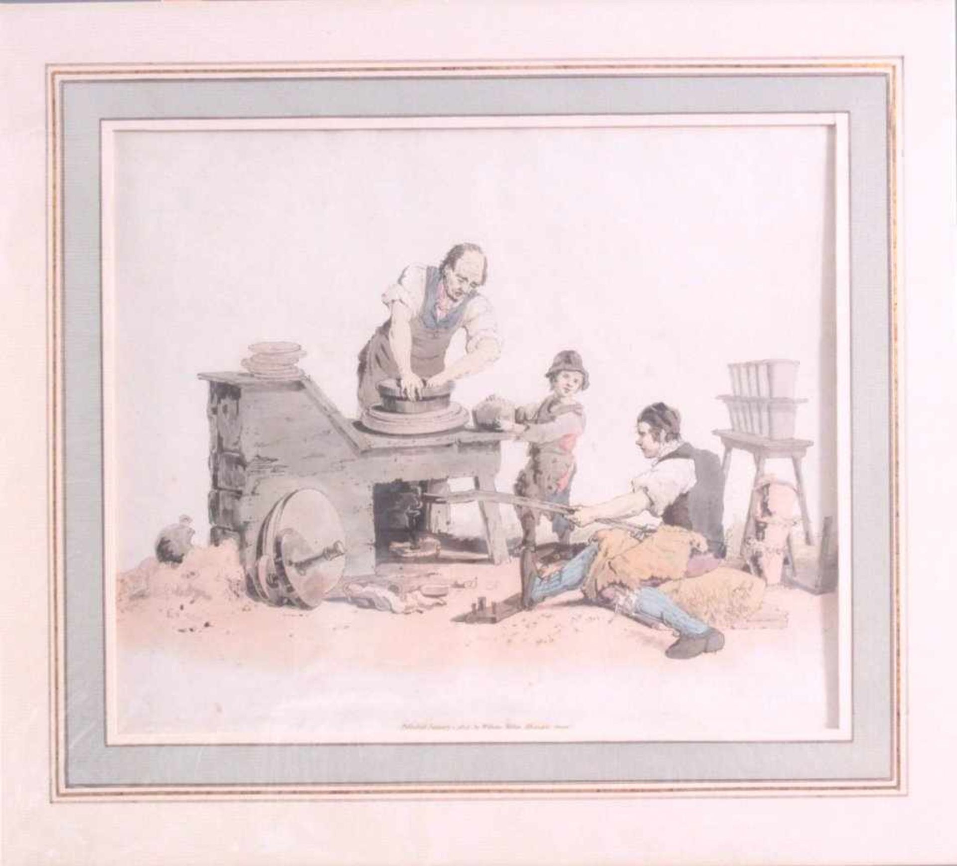 Farbaquatintaradierung, London bei William Miller 1805Berufe: Schmied mit Gehilfen bei der Arbeit, - Image 2 of 2