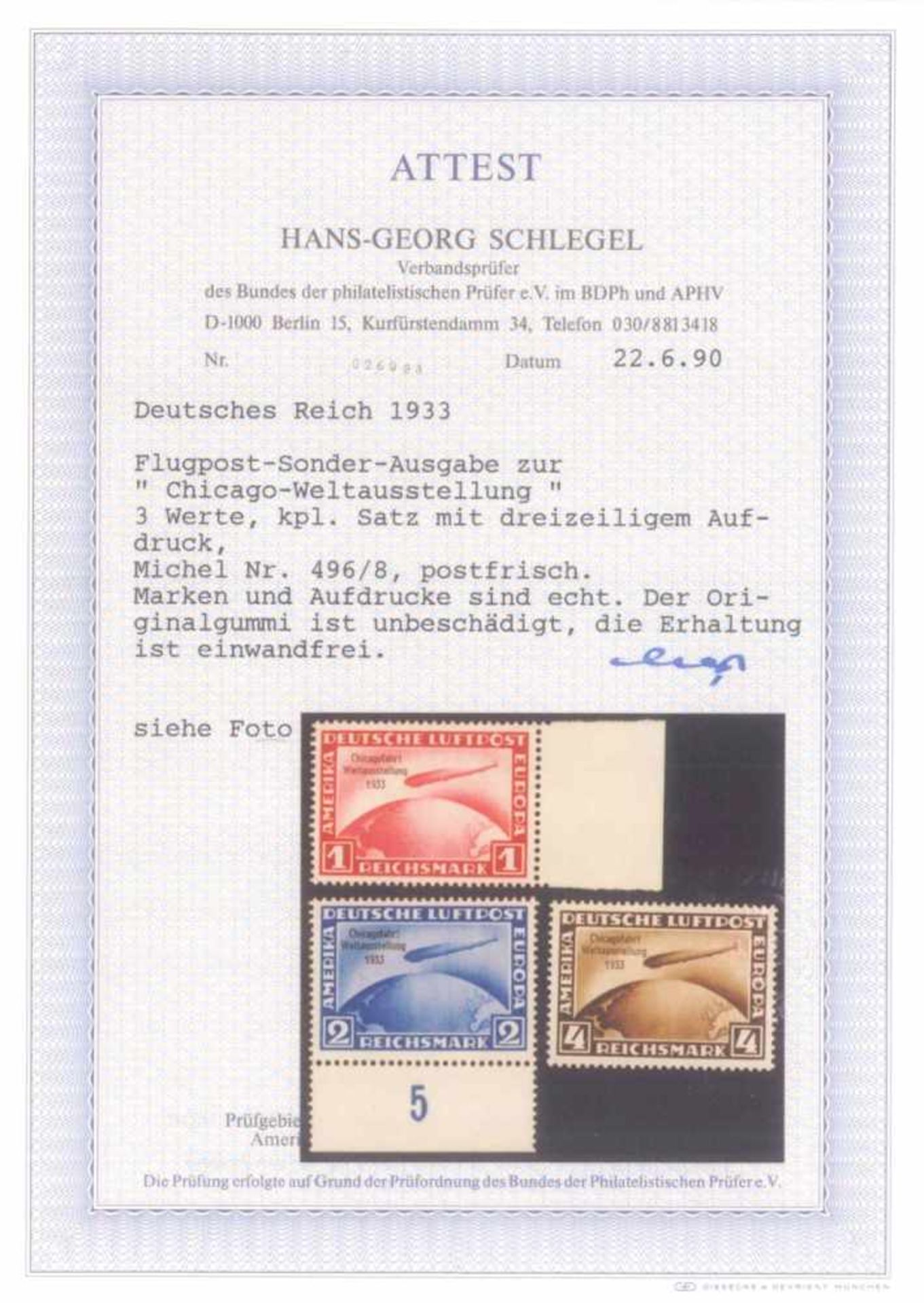 Deutsches Reich, 496-498, **, Attest Schlegel496 als rechtes Randstück.497 als unteres - Bild 2 aus 2