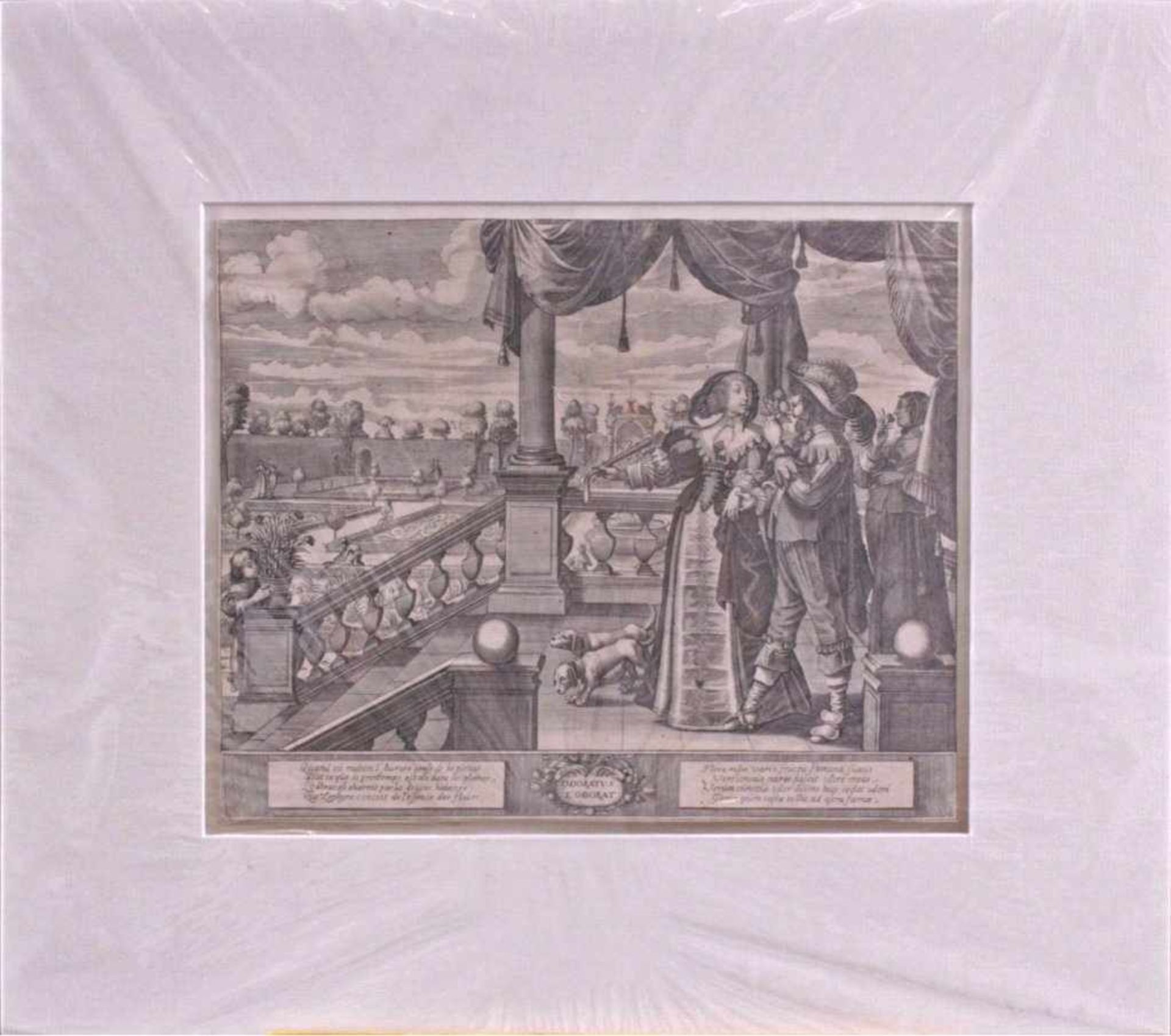 Abraham Bosse (Tours 1602-1676 Paris)Odoratus- L'Odeur- Der Geruchssinn.Höfisches Paar auf einer - Bild 2 aus 2