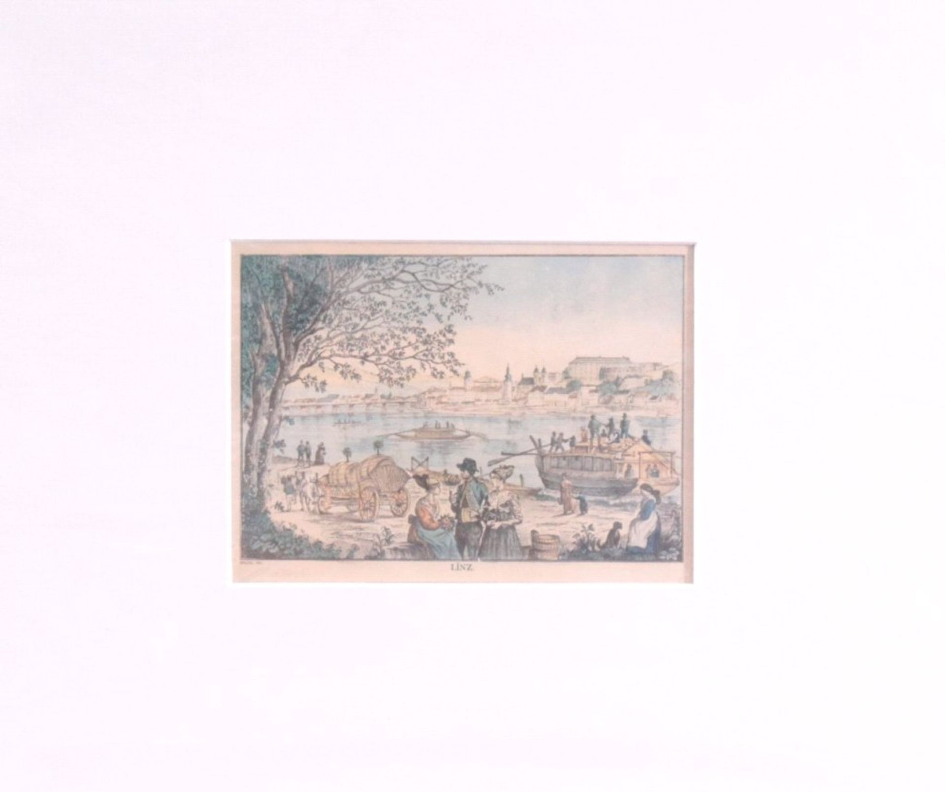 Kolorierte Umrissradierung von Brand um 1830Linz- Blick über die Mur auf die Stadt. Im - Bild 2 aus 2