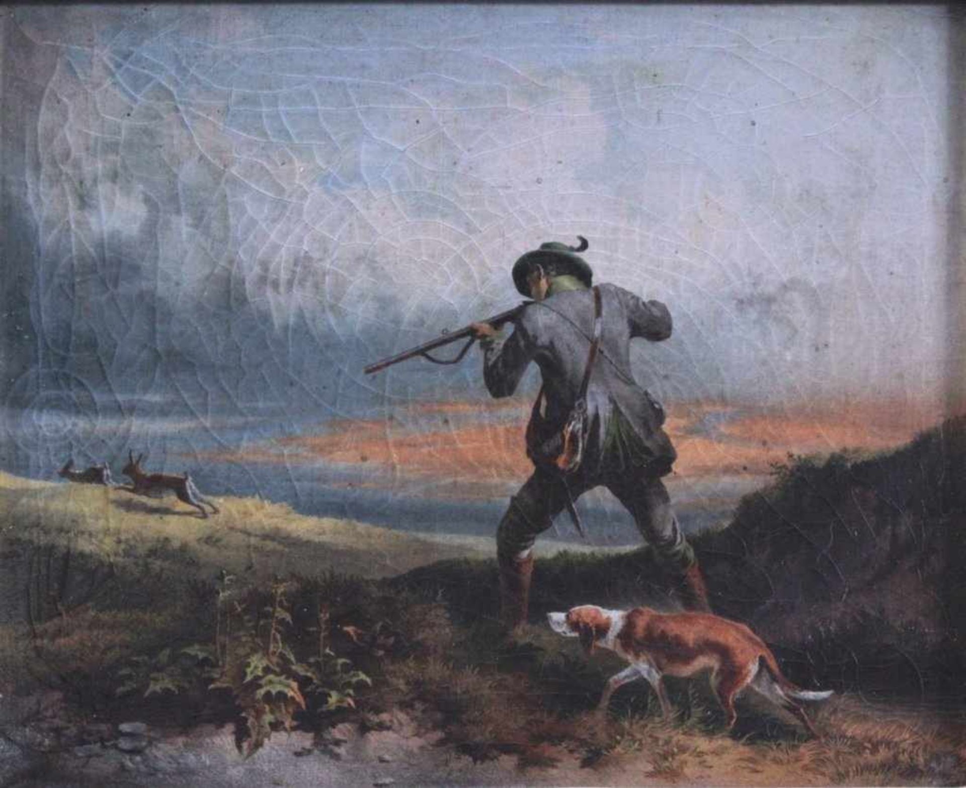 Jäger mit Hund beim Hasenschießen, 19. Jh.Öl auf Leinwand gemalt, unsigniert, - Bild 2 aus 3