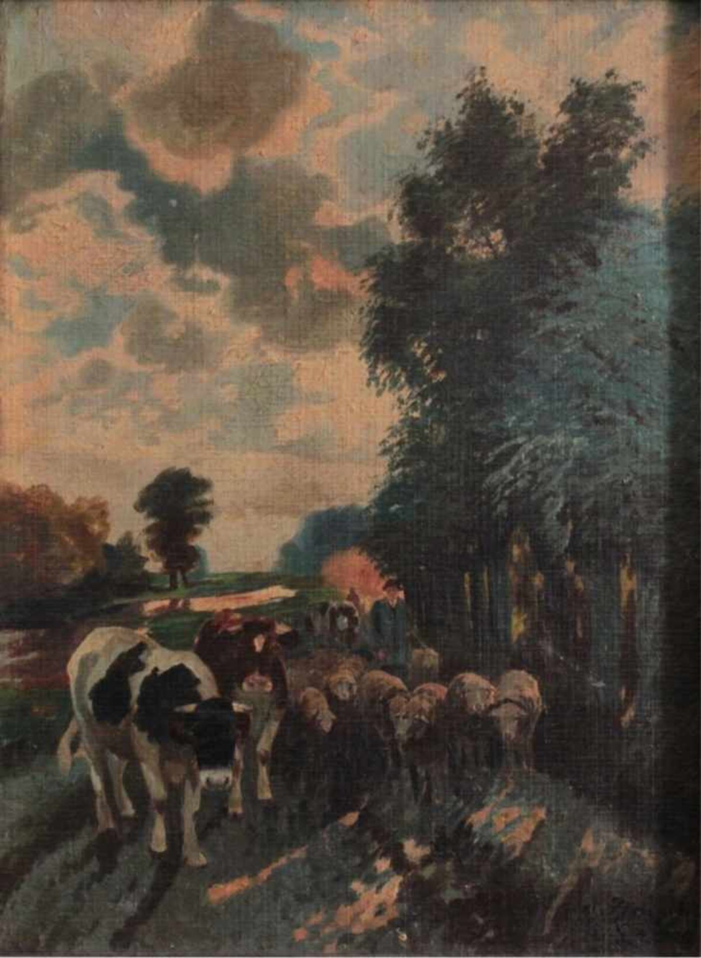 Letreo nach BaischBauer mit Kühen und Schafen beim Abtrieb. Öl auf Leinwandgemalt, unten rechts - Bild 2 aus 4