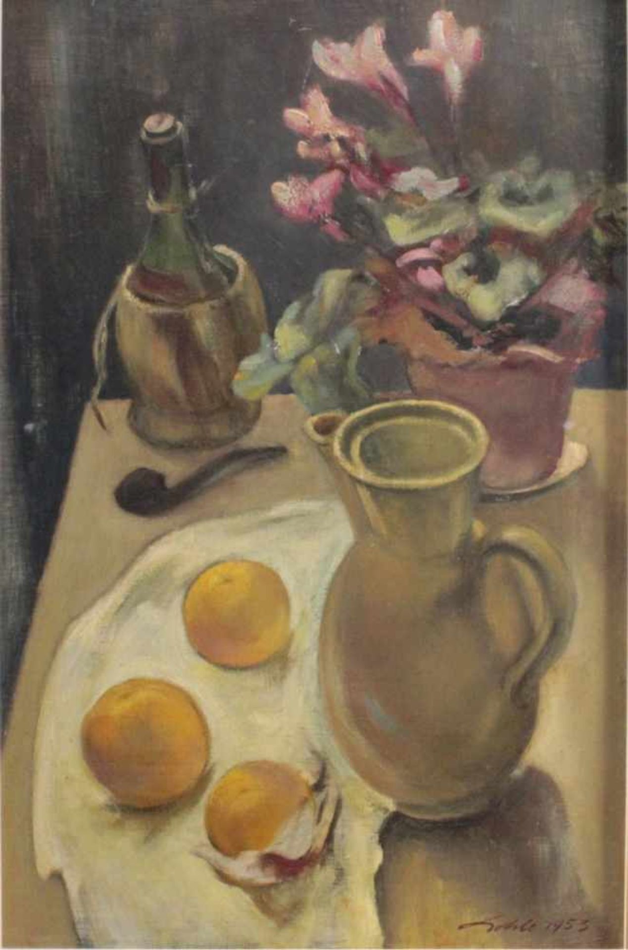 Stilleben mit Blumen, Weinflasche, Pfeife und FrüchtenÖl auf Faserplatte gemalt, unten rechts - Bild 2 aus 4