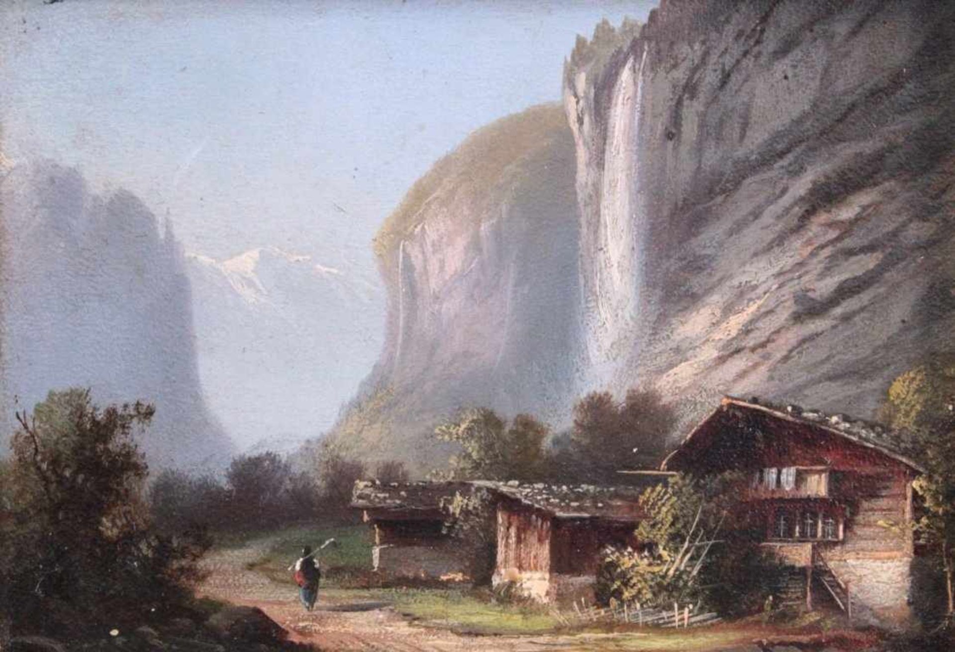 Kleines Gemälde um 1900, Berglandschaft mit Haus und BäuerinÖl auf Pappe gemalt, unsigniert, - Bild 2 aus 3