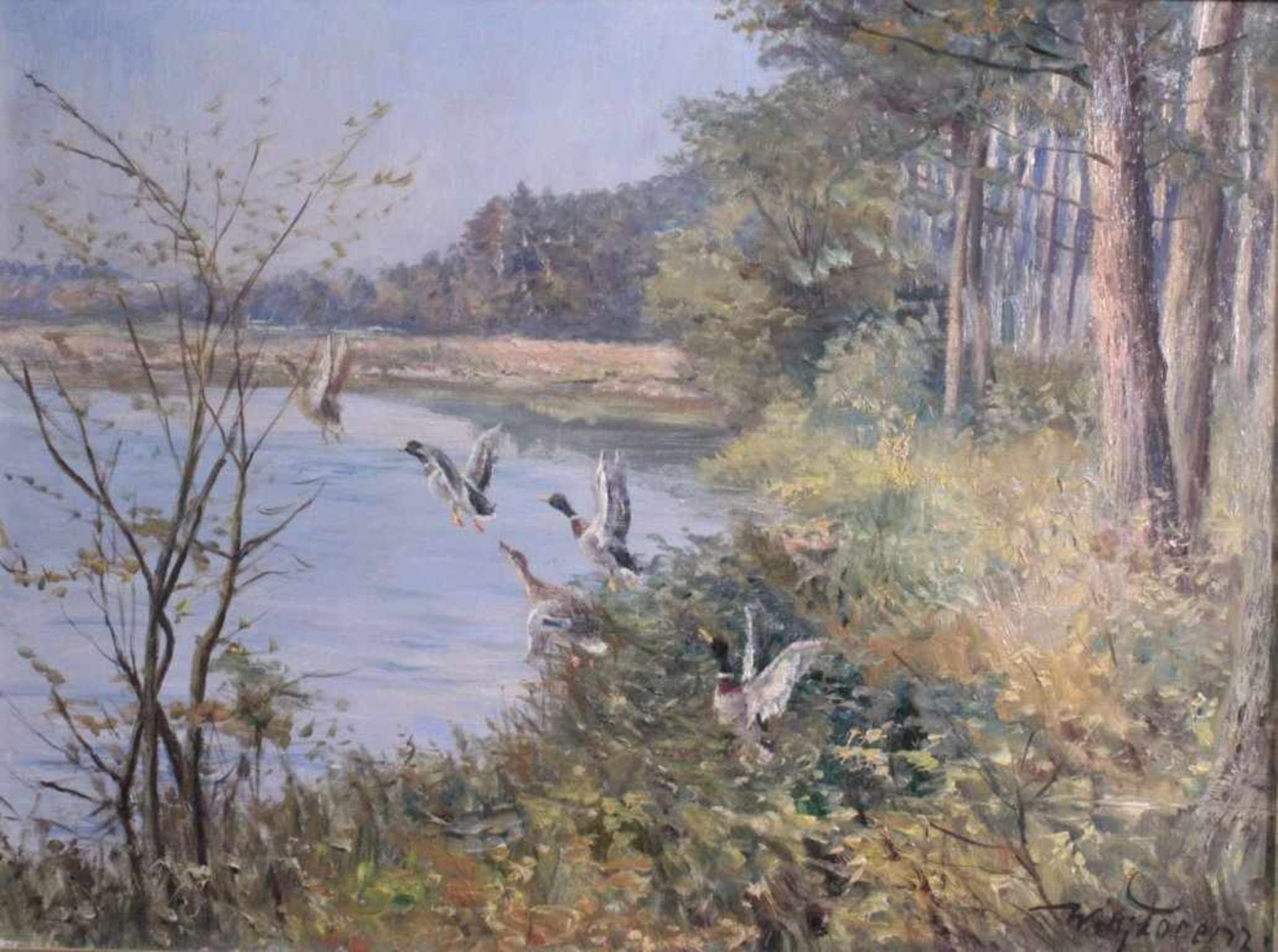 Willi Lorenz 1901-1981. Aufsteigende Enten am SeeÖl auf Leinwand gemalt, unten rechts signiert, - Bild 2 aus 4