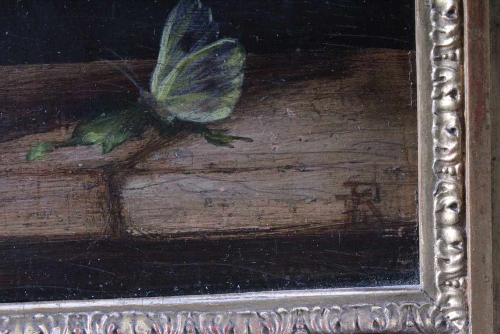 Blumenstillleben mit Insekten um 1900, Monogrammist TR.Öl auf Holz gemalt, unten rechts mit - Bild 3 aus 3