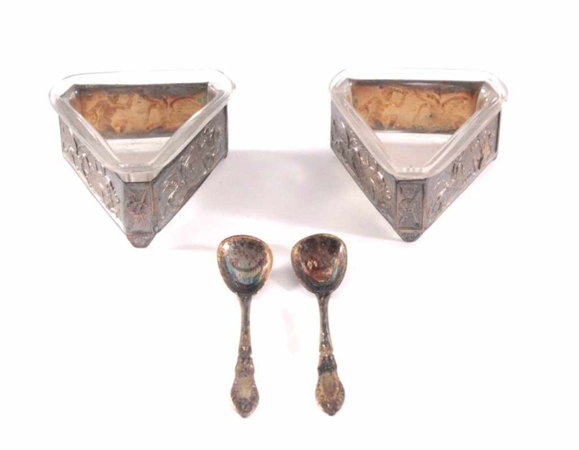 2 Gewürzschälchen mit Löffel um 1900, 800er SilberSchälchen mit Glaseinsatz, original Schatulle - Bild 2 aus 3