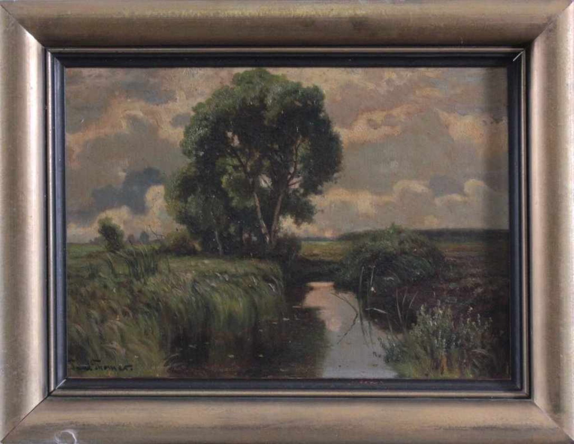 Paul Thomas (1868-1910)Sommerlandschaft mit Flußlauf "Alter Torfgraben". Öl aufPappe gemalt, unten