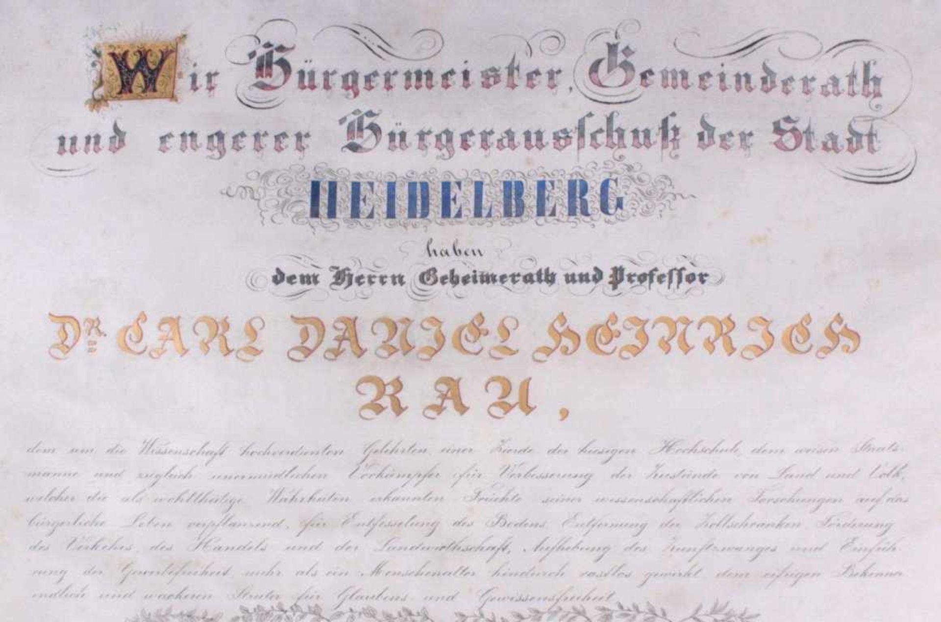 Urkunde über das Gemeindebürgerrecht der Stadt HeidelbergGroße, handgemalte und -kolorierte - Bild 2 aus 3