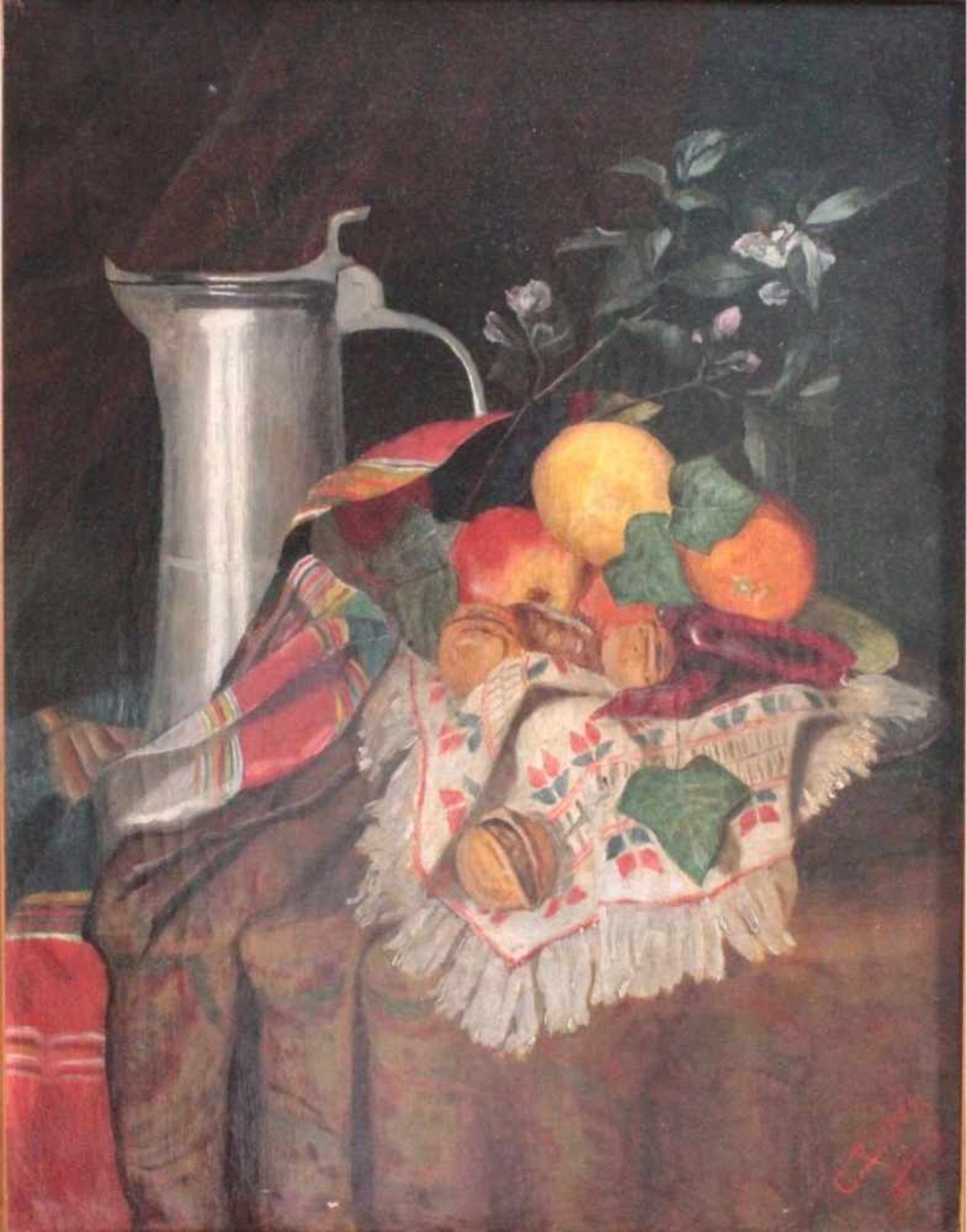 Clara Behaghel. Geb. Zöller (1866 Erlangen - 1924 München)Stillleben mit Zinnkrug und Früchten. Öl - Bild 2 aus 4