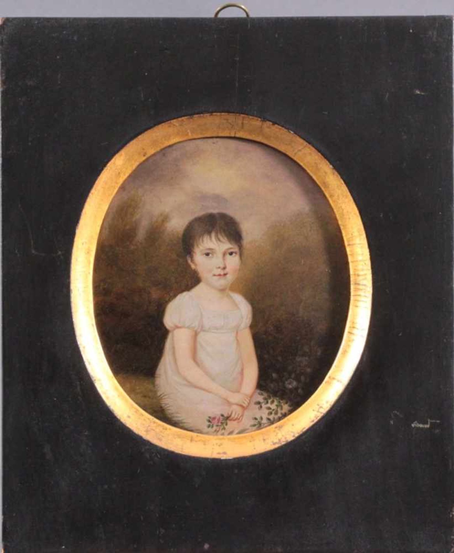 Biedermeier Mädchenportrait nach rechtsSitzendes Mädchen mit Rose in der linken Hand haltend,