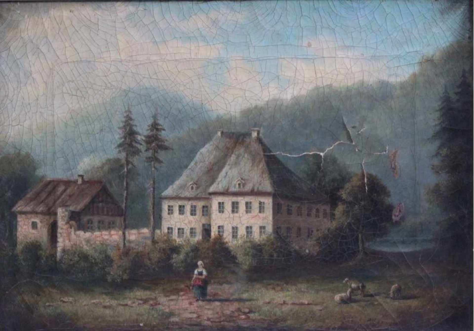 Herrschaftliches Haus mit Bauernfrau und Schafen, 19. Jh.Unsigniert, Leinwand an mehreren Stellen - Bild 2 aus 4