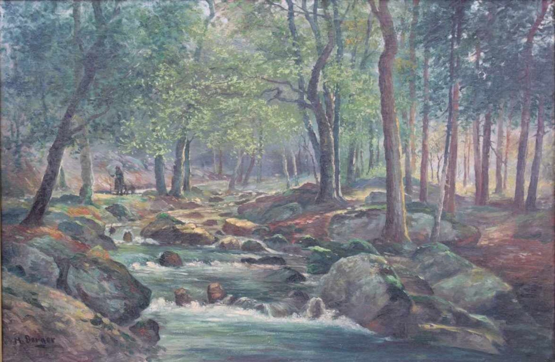 Hans Berger (1882-1977)Öl auf Leinwand auf Holz, "Waldlandschaft mit Fluss undfigürlicher Staffage", - Bild 2 aus 8