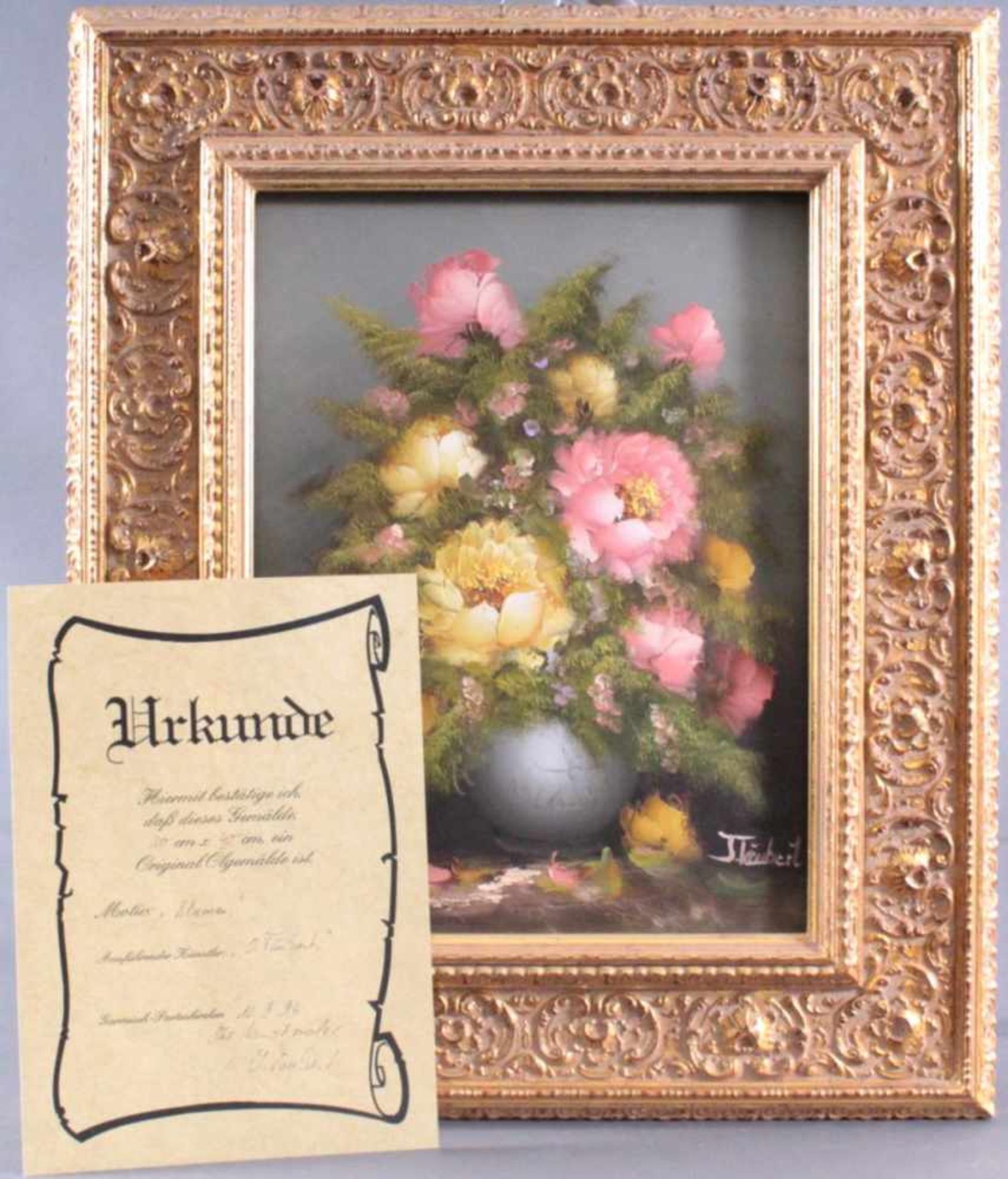J. Täubert (1956)"Blumen in Vase". Öl/Leinwand, rechts unten signiert, ca. 30x 40 cm. Gerahmt - Bild 4 aus 5