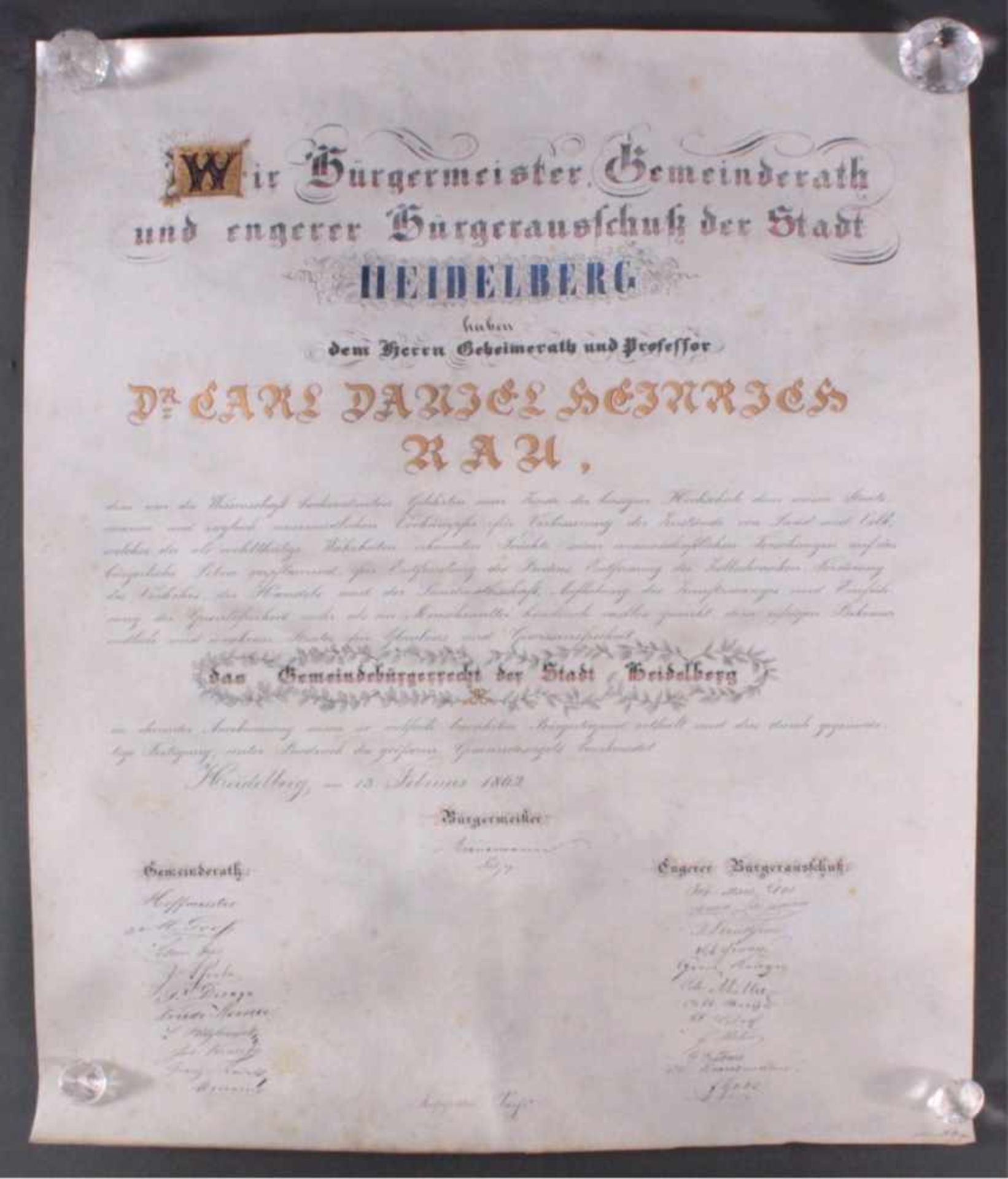 Urkunde über das Gemeindebürgerrecht der Stadt HeidelbergGroße, handgemalte und -kolorierte