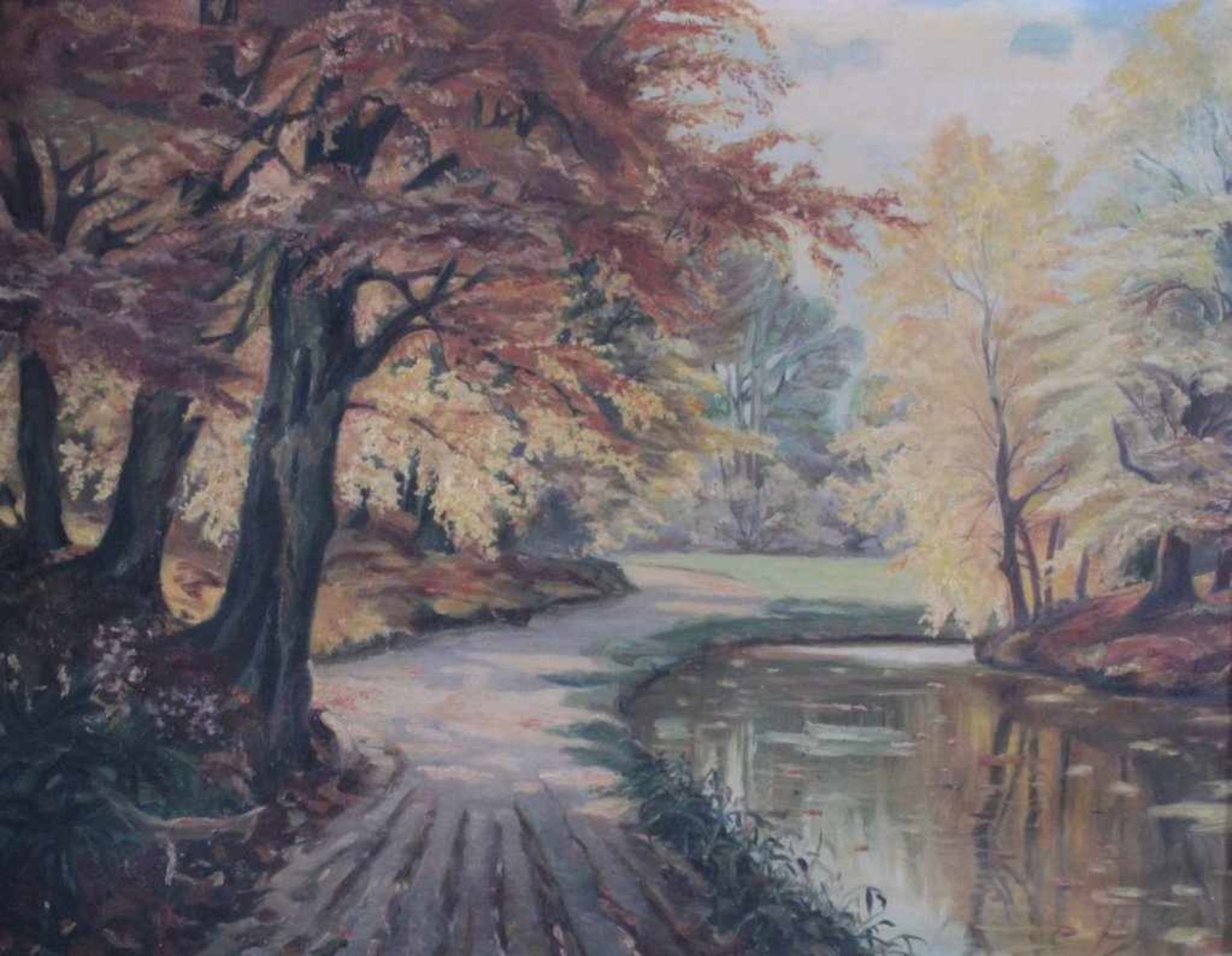 Herbstlandschaft mit Fluss, Anfang 20. Jh.Öl auf Leinwand. Unbekannter Künstler, unsigniert, ca. - Bild 2 aus 3