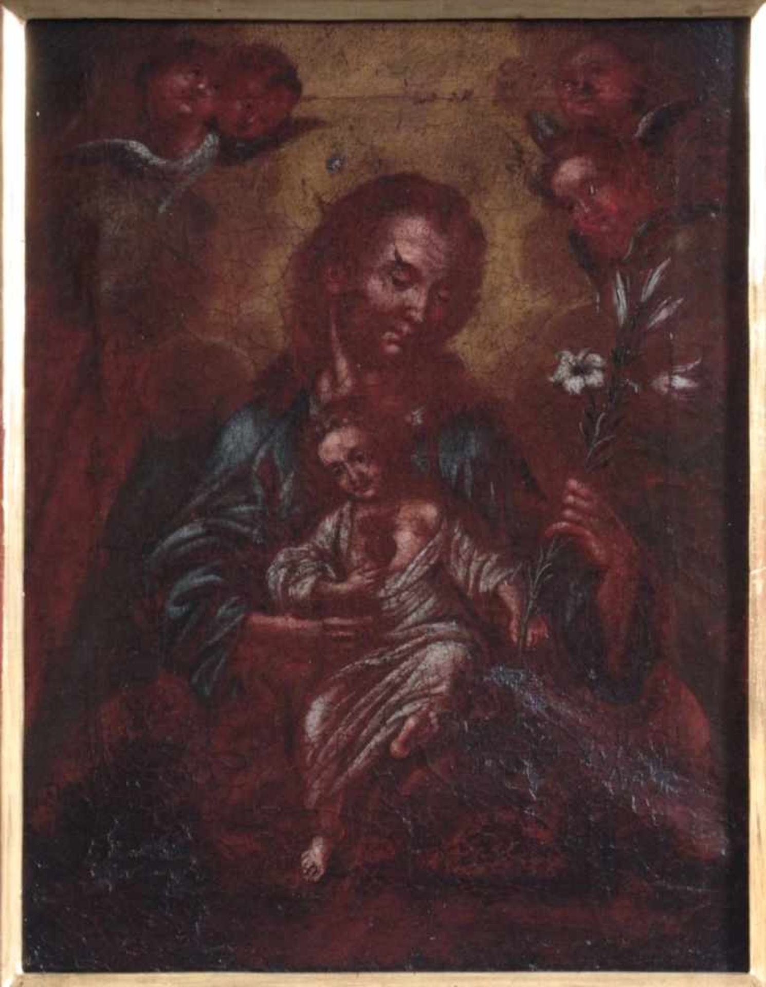 Maria mit Kind und Engeln, Gemälde aus dem 17. Jh.Öl auf Leinwand gemalt, unsigniert, gerahmt, ca. - Bild 2 aus 3