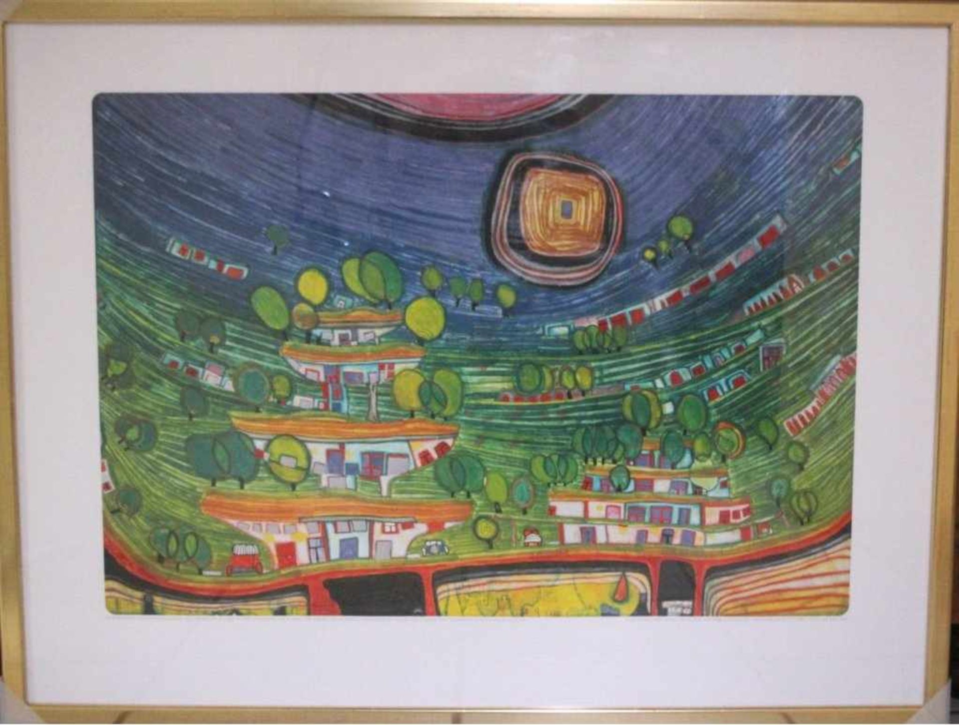 Friedensreich HundertwasserReproduktion nach Hundertwasser 690, Die Hauser Hängen ander Unterseite