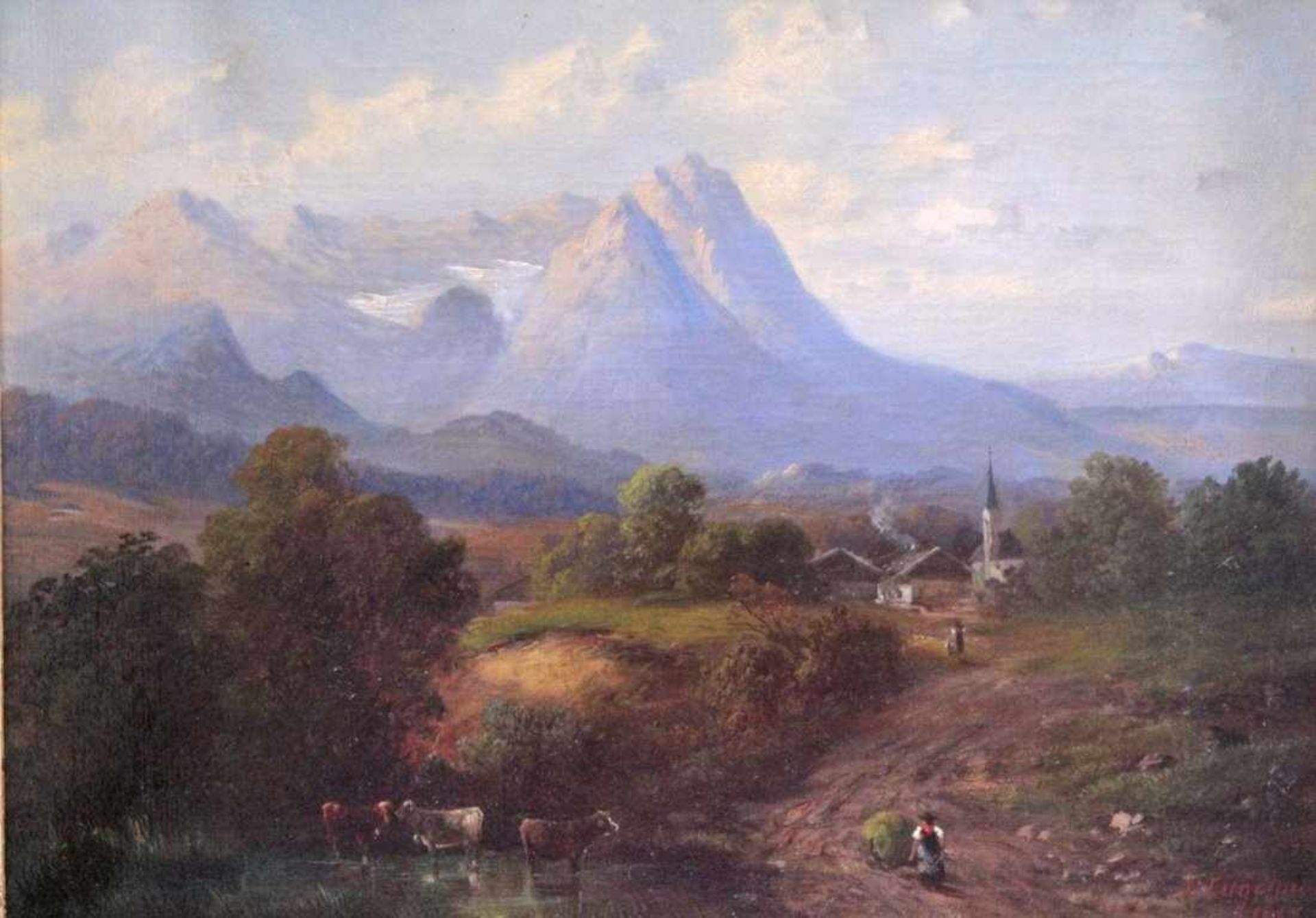 I. Engelmann (Deutsch, 19./20. Jh.)Öl auf Leinwand. "Berglandschaft mit Bäuerinnen und Kühen"unten - Bild 2 aus 4