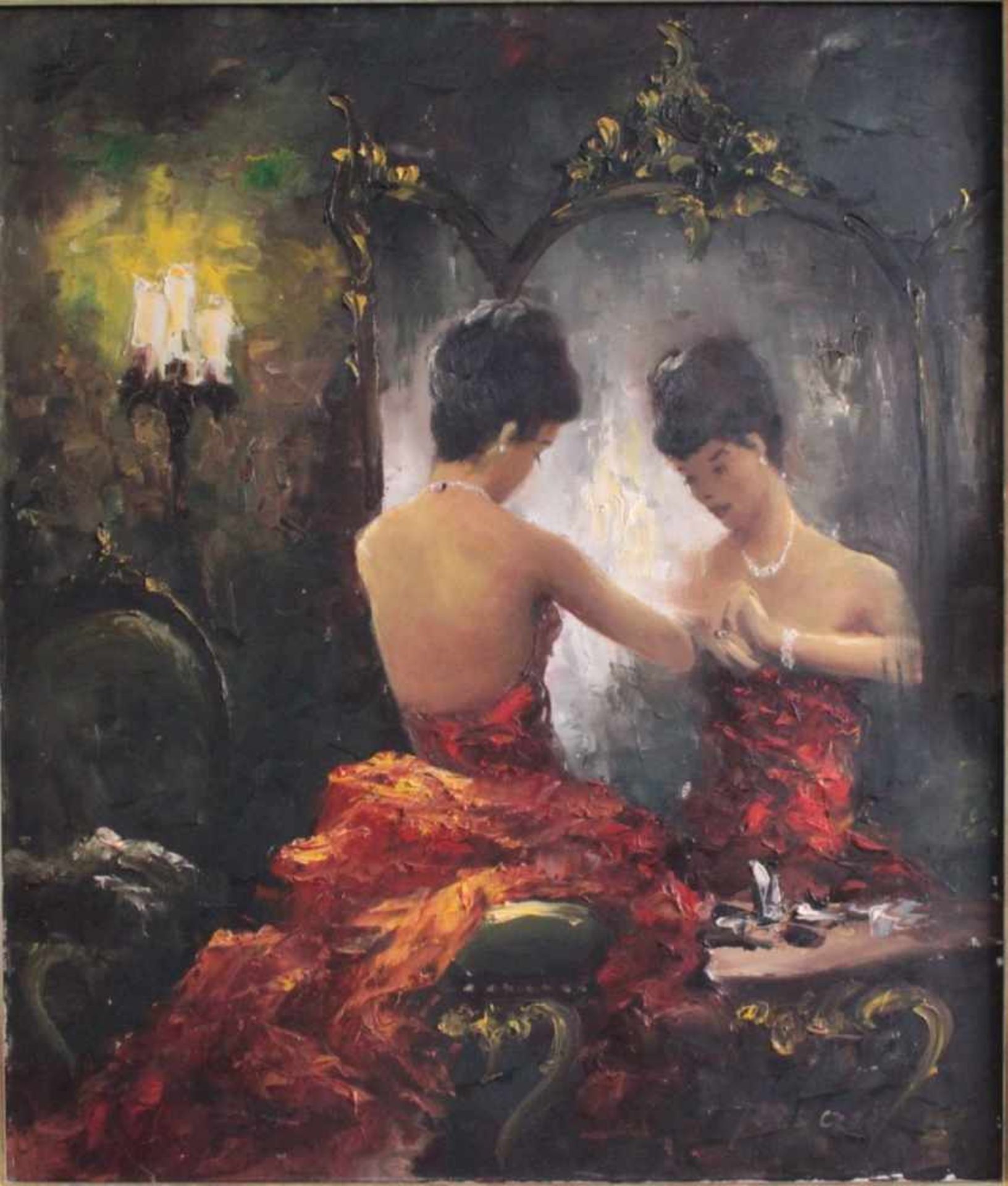 Christian Jereczek (1935 - 2013)"Dame in rotem Kleid vor dem Spiegel". Öl/Leinwand, rechtsunten - Bild 2 aus 4