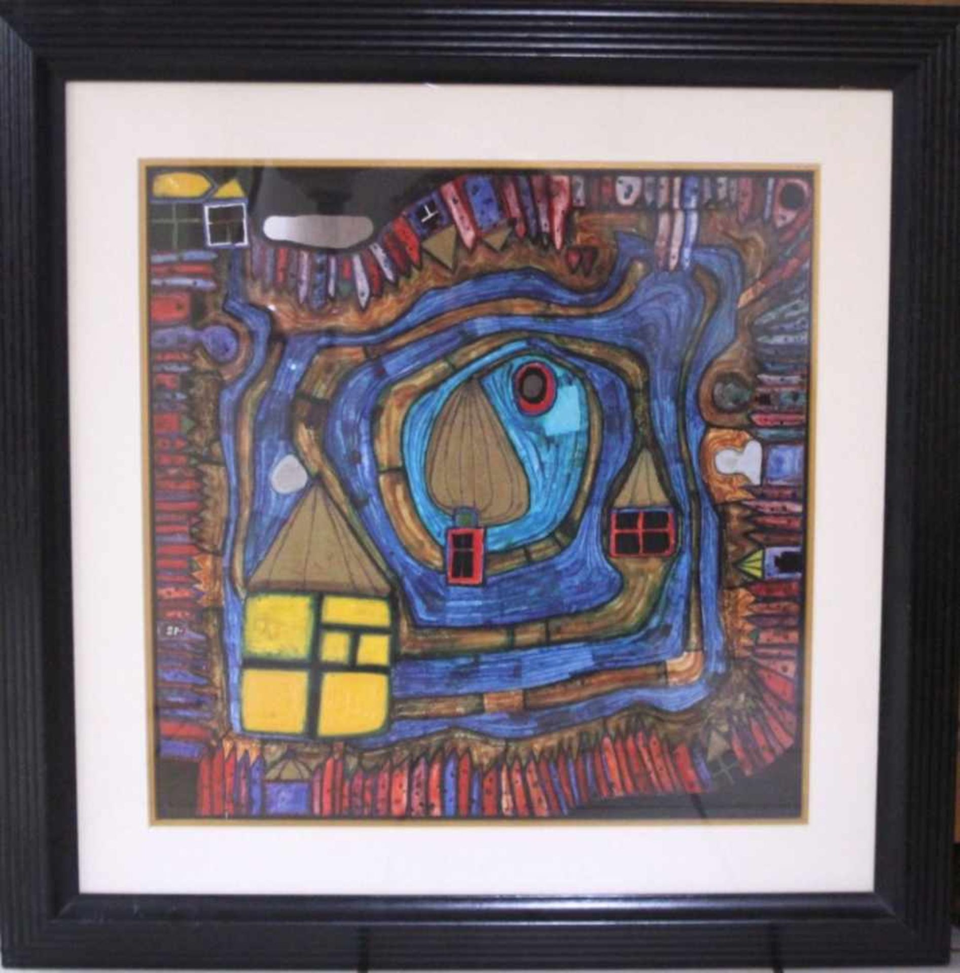 Friedensreich HundertwasserKunstdruck. Hinter Glas im Passepartout gerahmt, Bildgröße,ca. 46 x 46